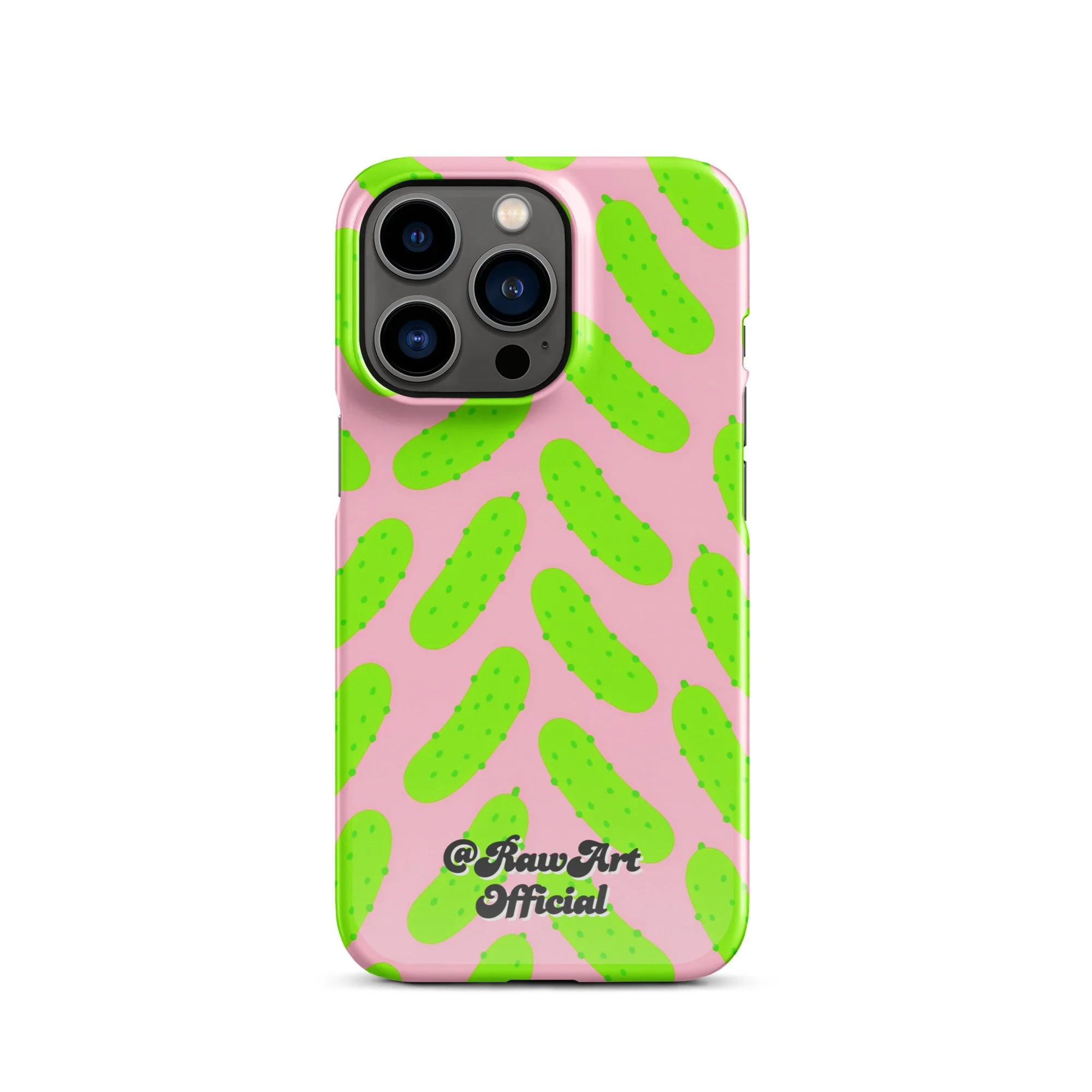 Pink iPhone case with neon green pickle pattern, retro fun design.