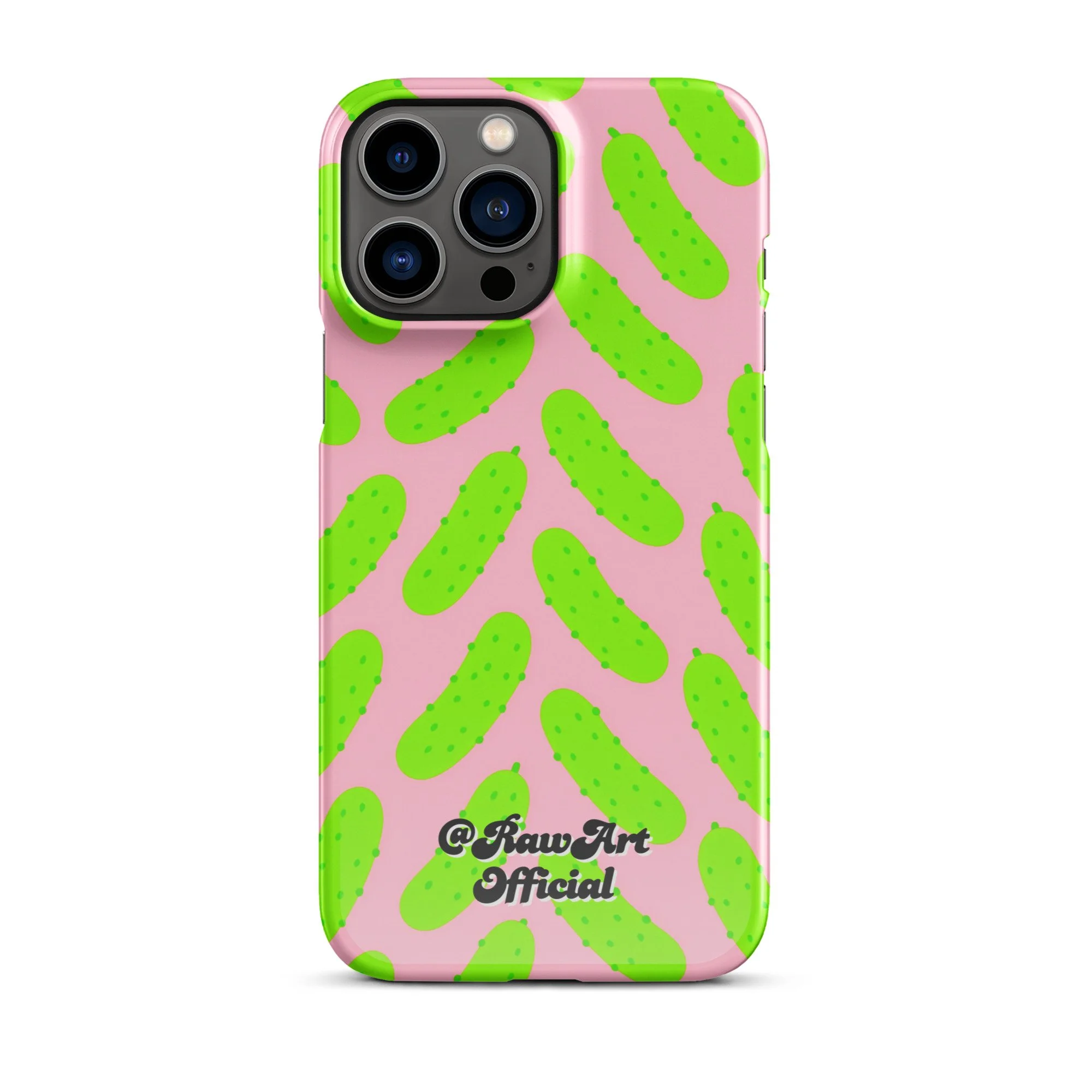 Pink iPhone case with neon green pickle pattern, retro fun design.
