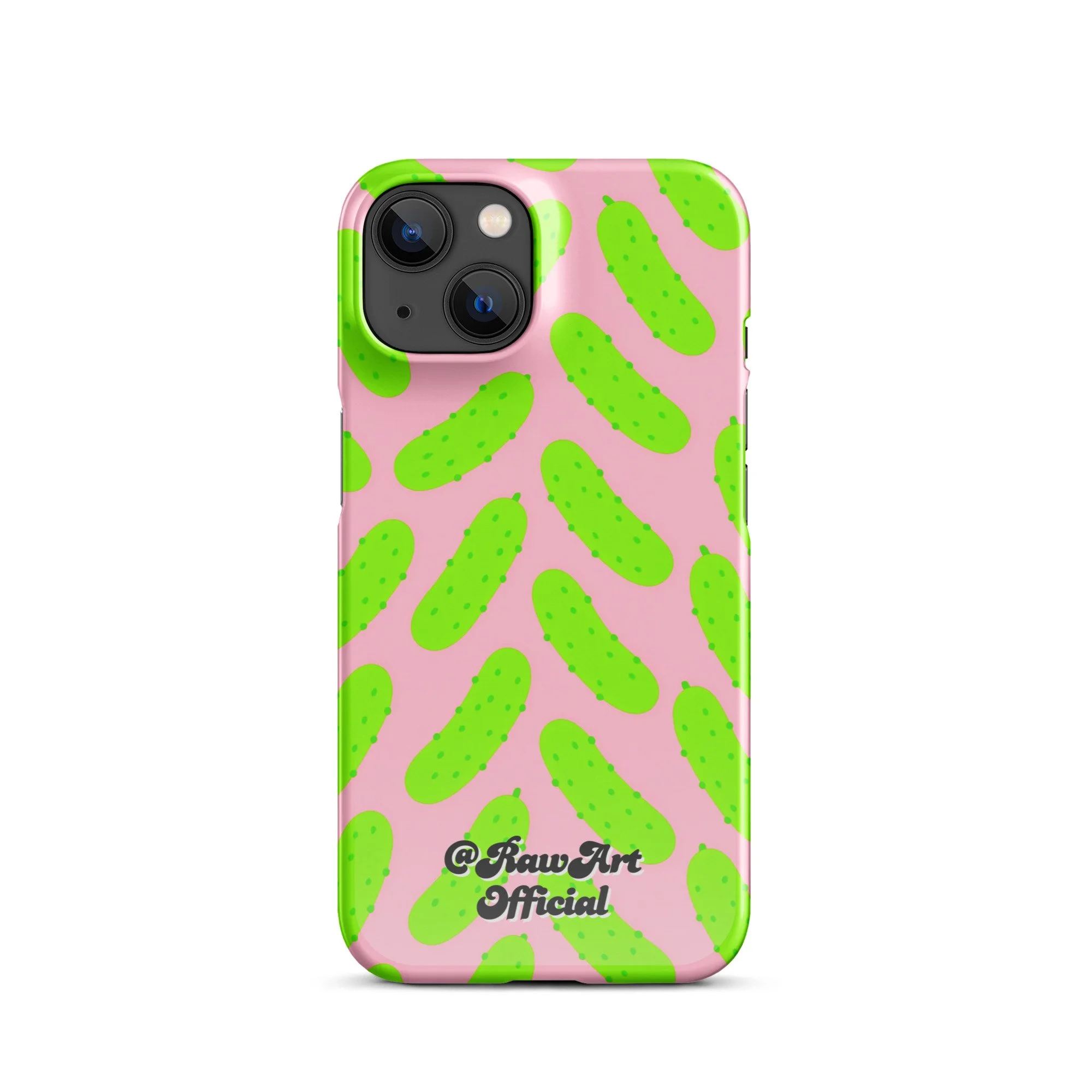 Pink iPhone case with neon green pickle pattern, retro fun design.