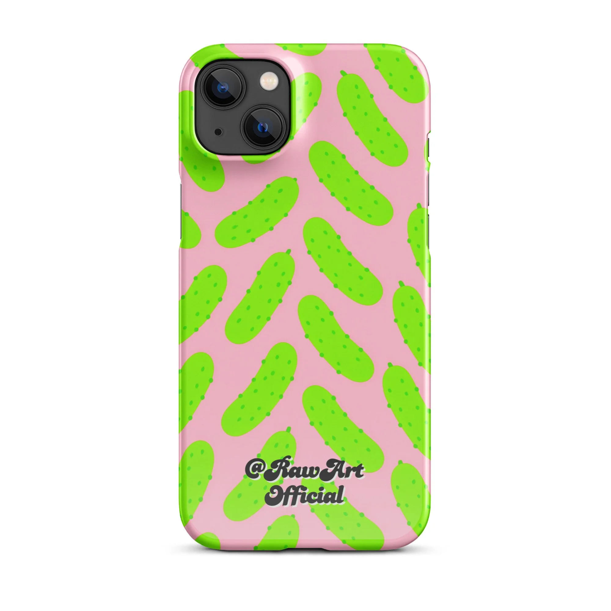 Pink iPhone case with neon green pickle pattern, retro fun design.
