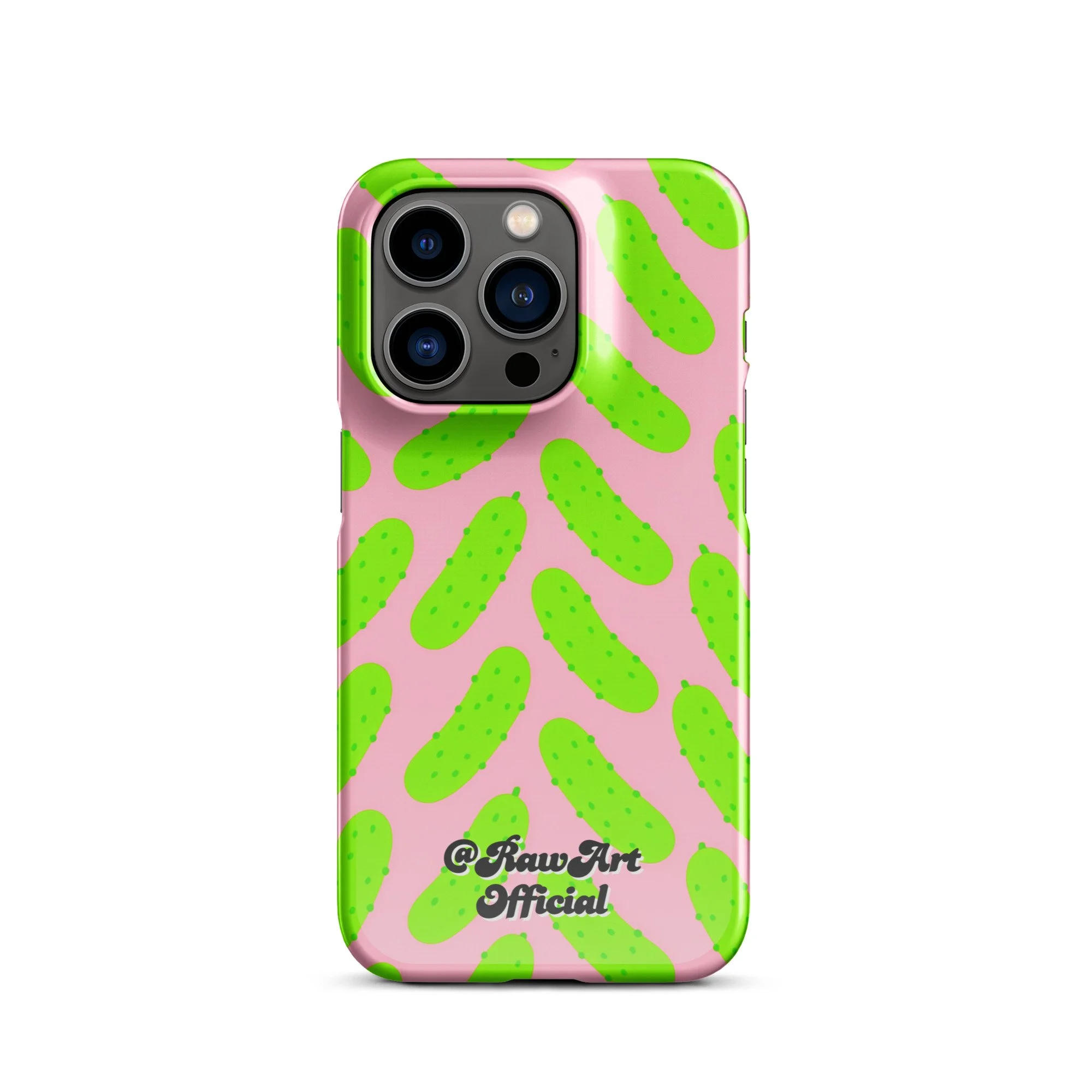 Pink iPhone case with neon green pickle pattern, retro fun design.