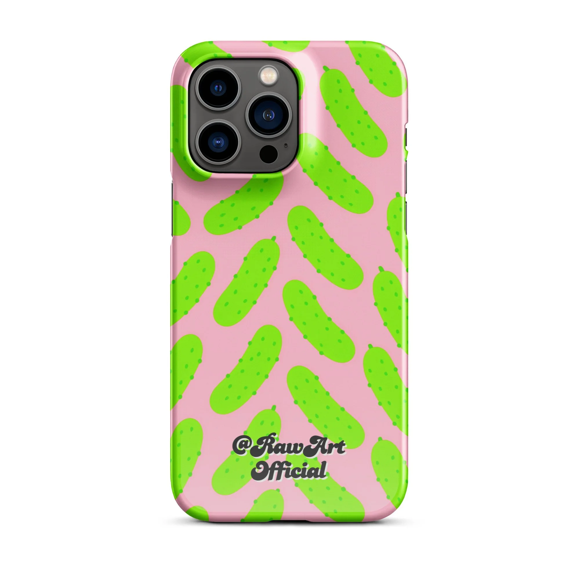 Pink iPhone case with neon green pickle pattern, retro fun design.