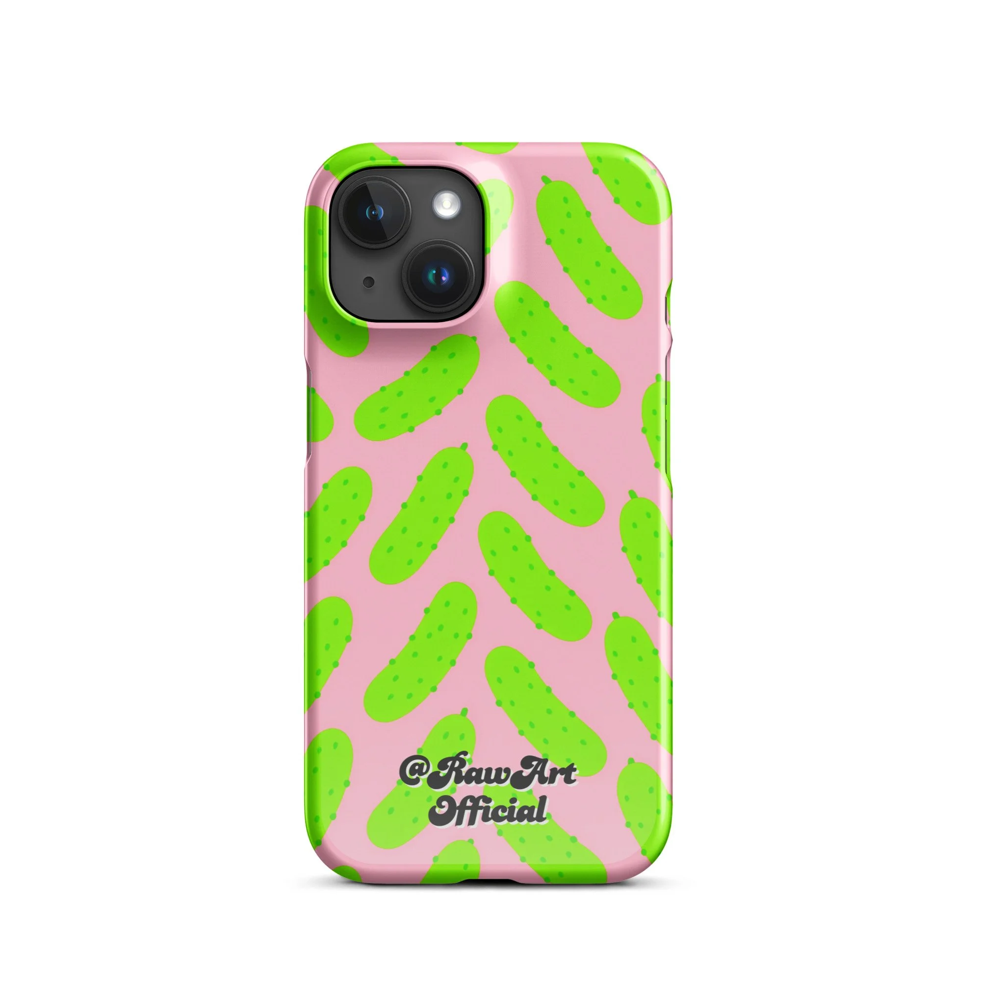 Pink iPhone case with neon green pickle pattern, retro fun design.