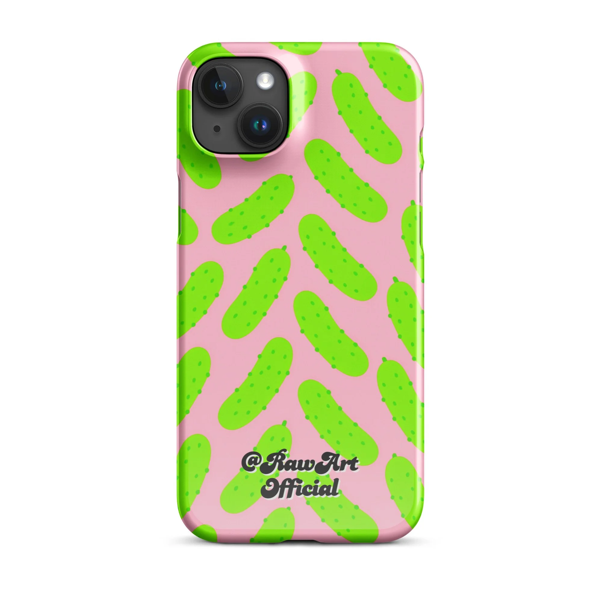Pink iPhone case with neon green pickle pattern, retro fun design.
