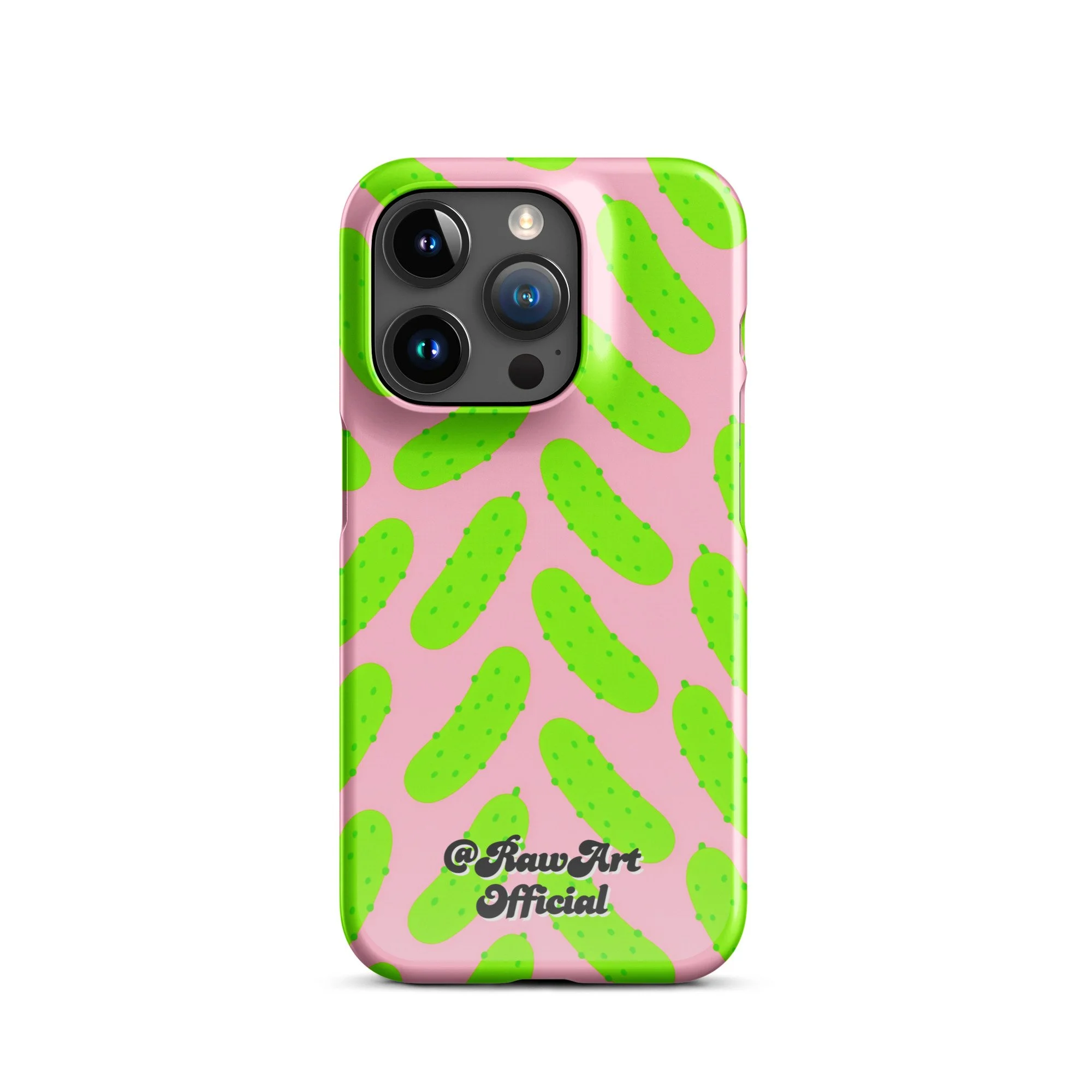 Pink iPhone case with neon green pickle pattern, retro fun design.