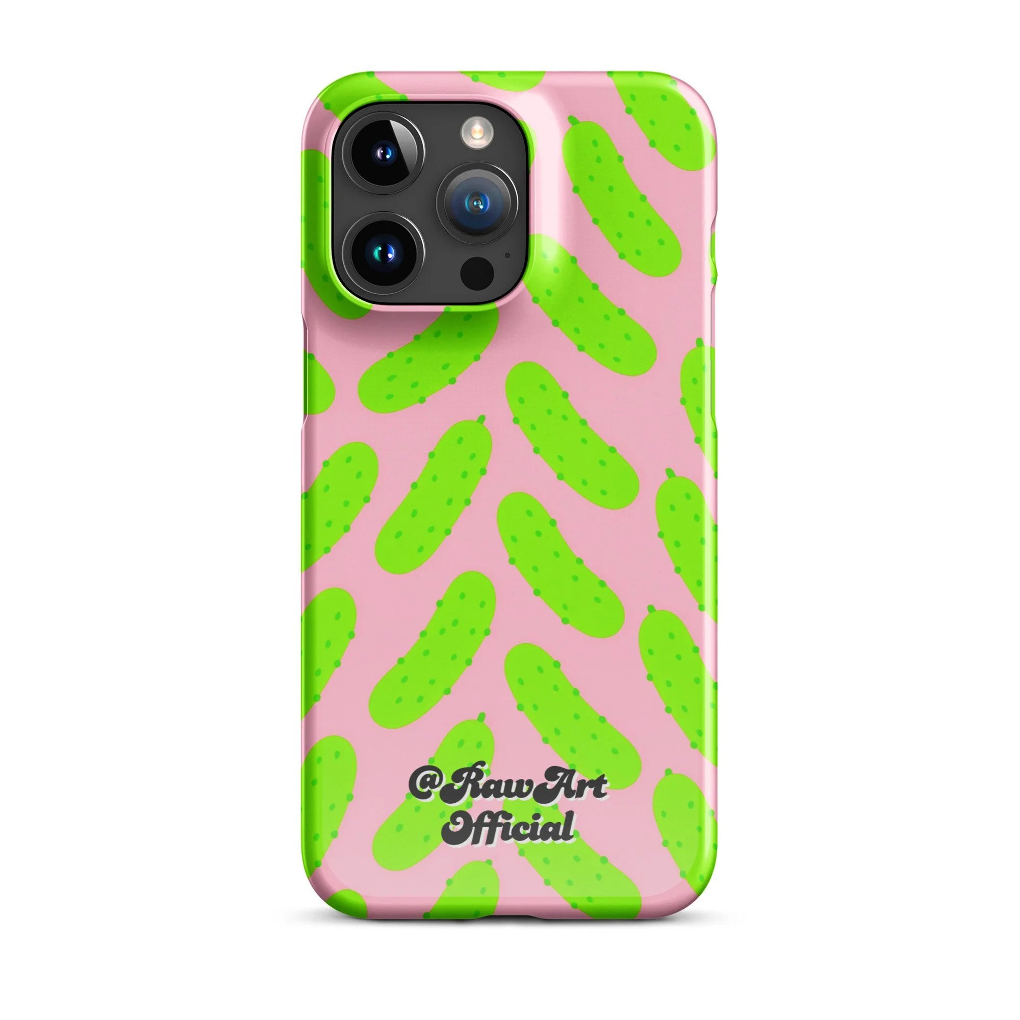 Pink iPhone case with neon green pickle pattern, retro fun design.