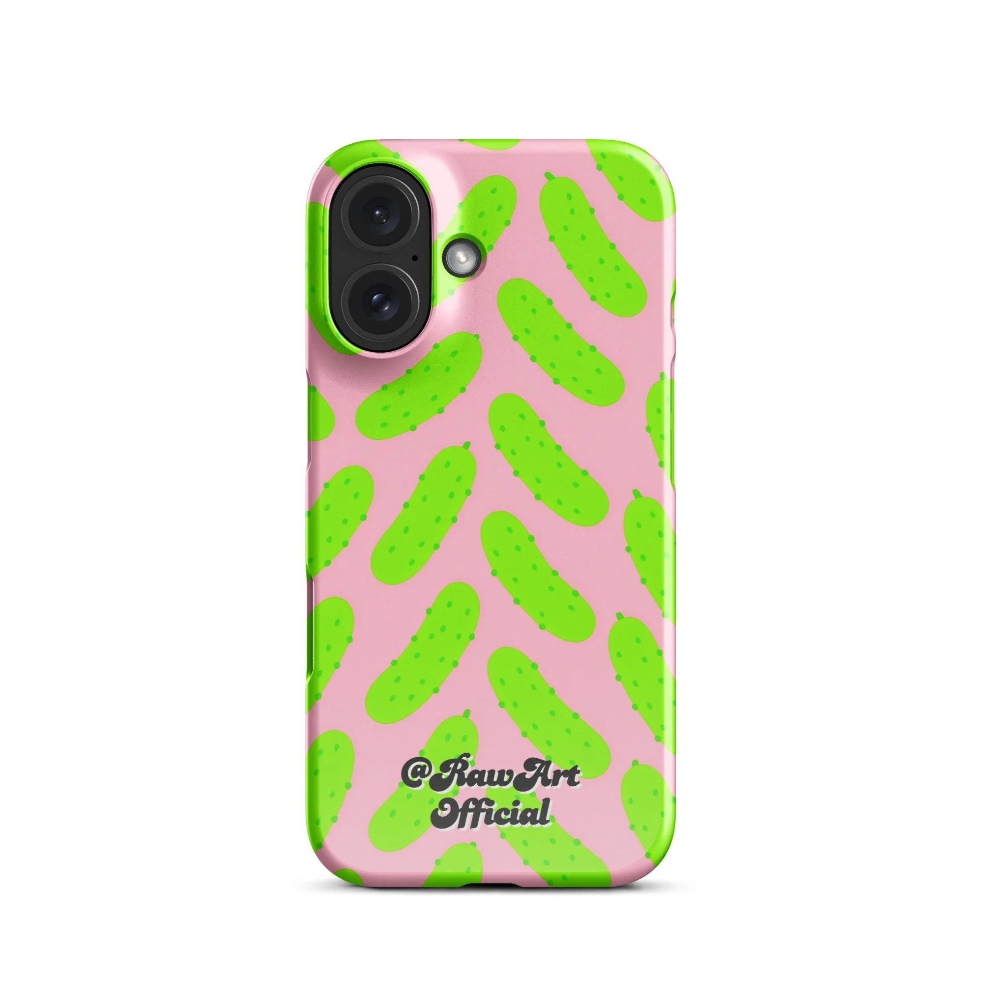 Pink iPhone case with neon green pickle pattern, retro fun design.