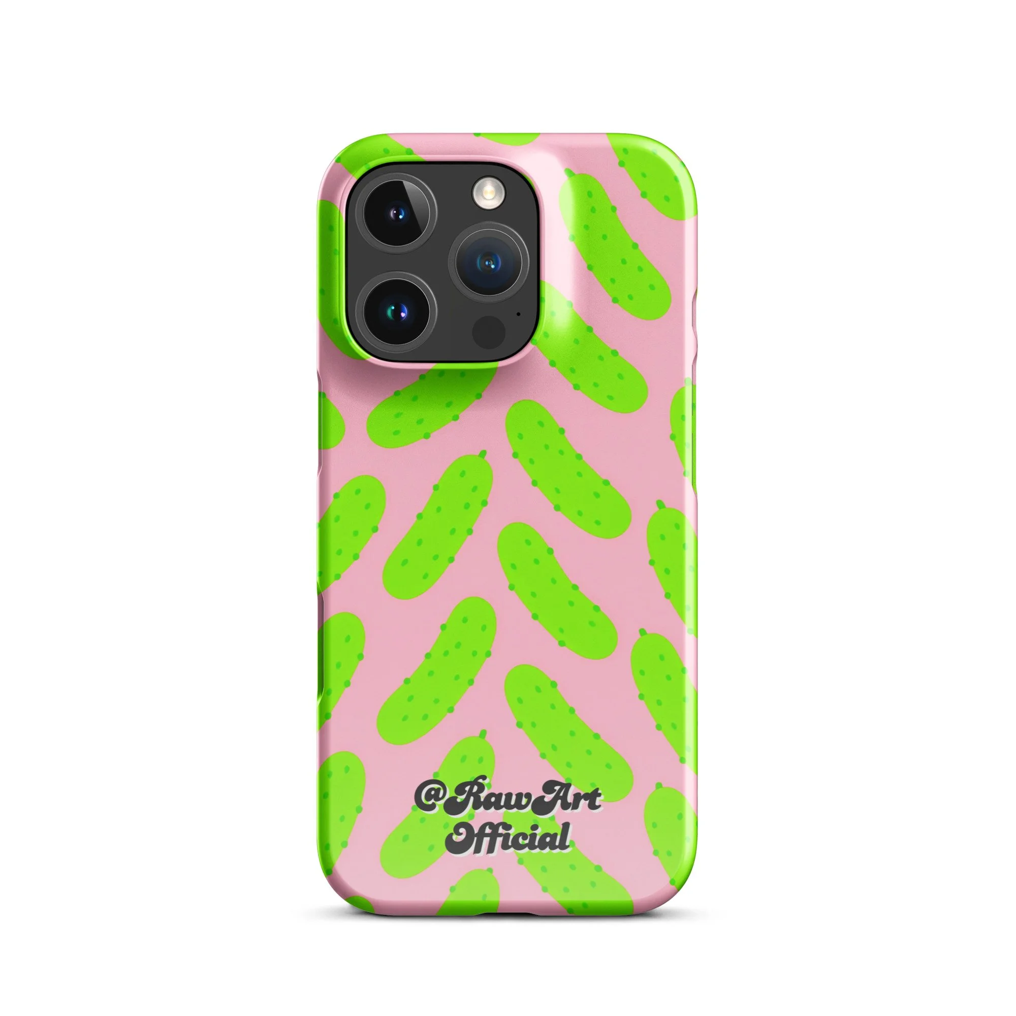 Pink iPhone case with neon green pickle pattern, retro fun design.