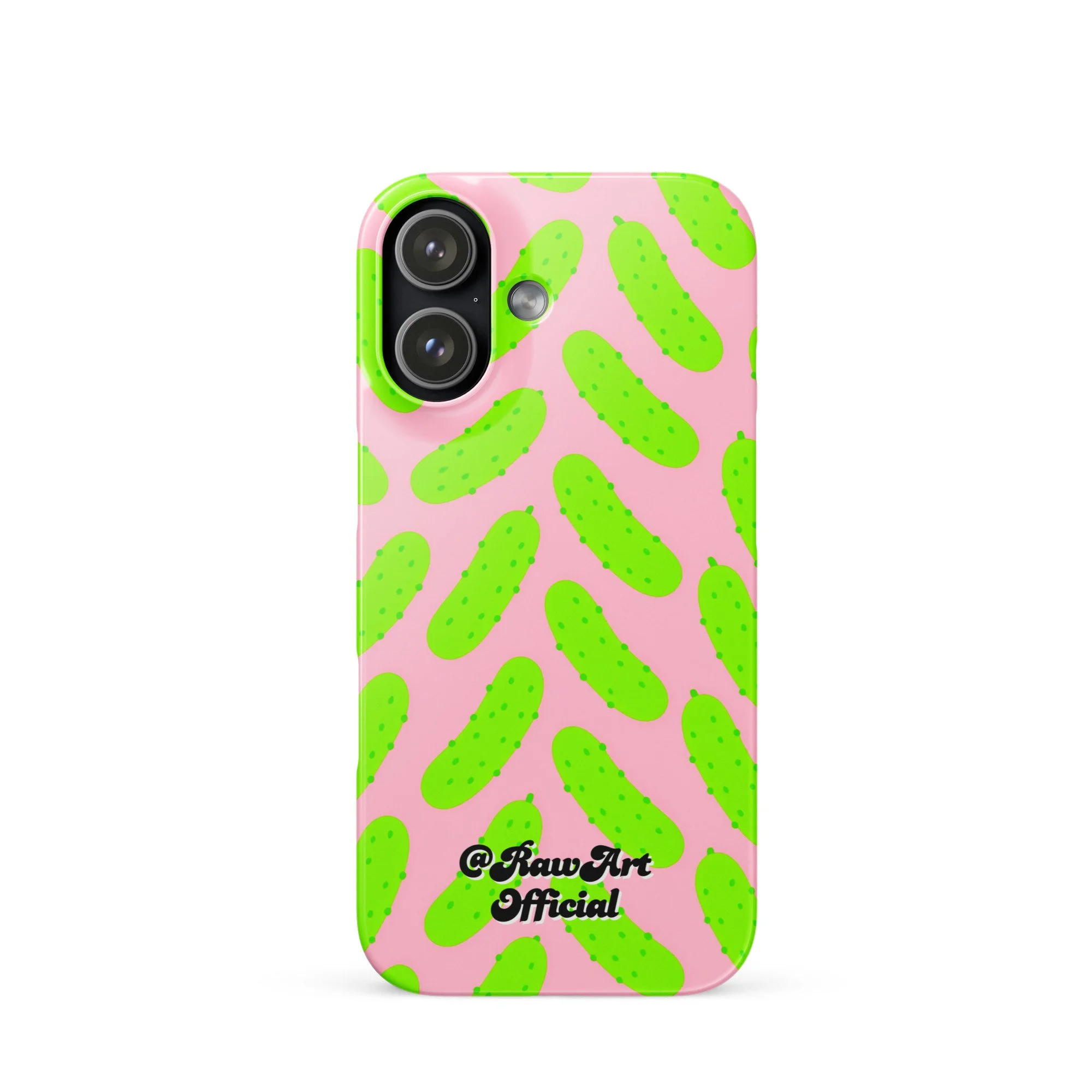 Pink iPhone case with neon green pickle pattern, retro fun design.