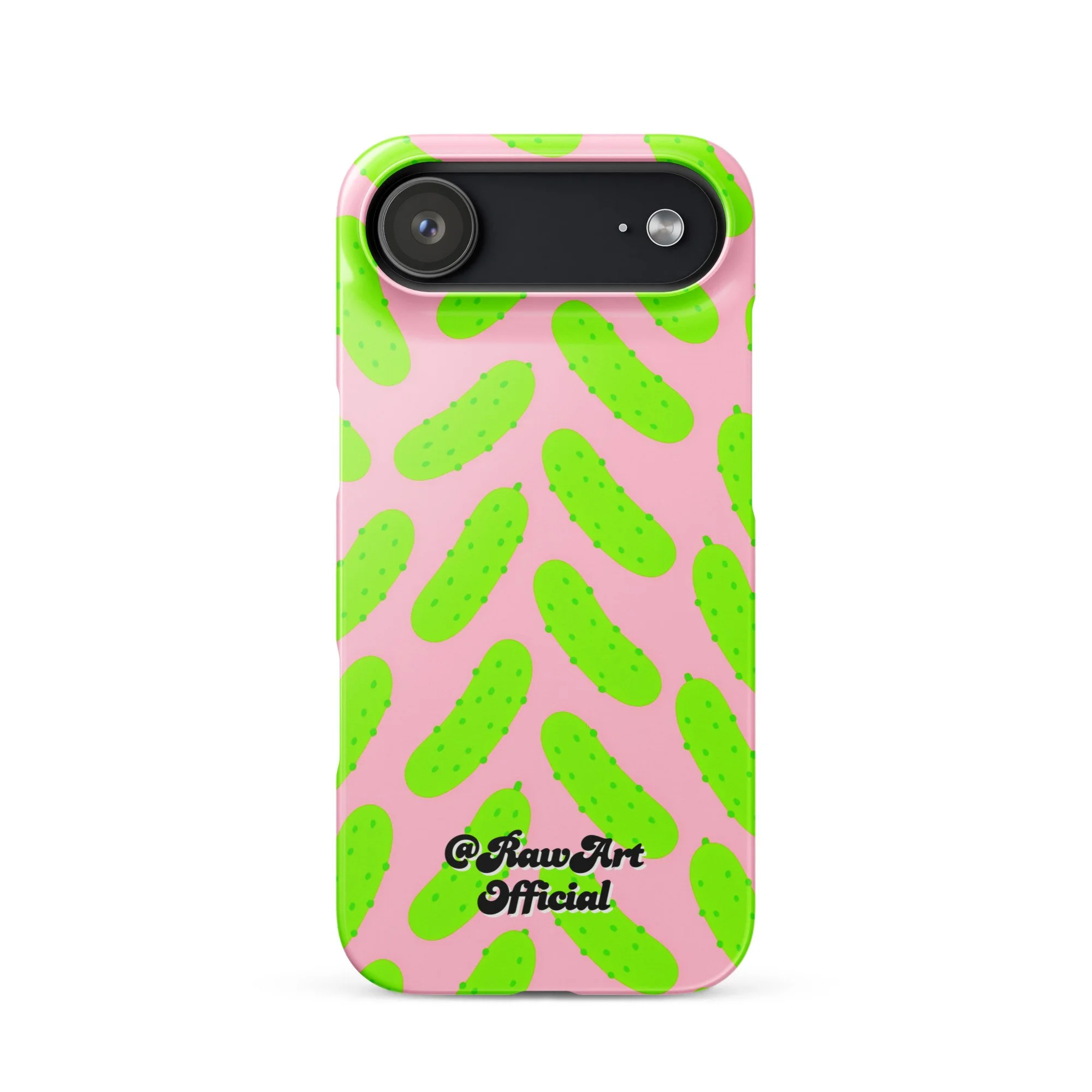 Pink iPhone case with neon green pickle pattern, retro fun design.