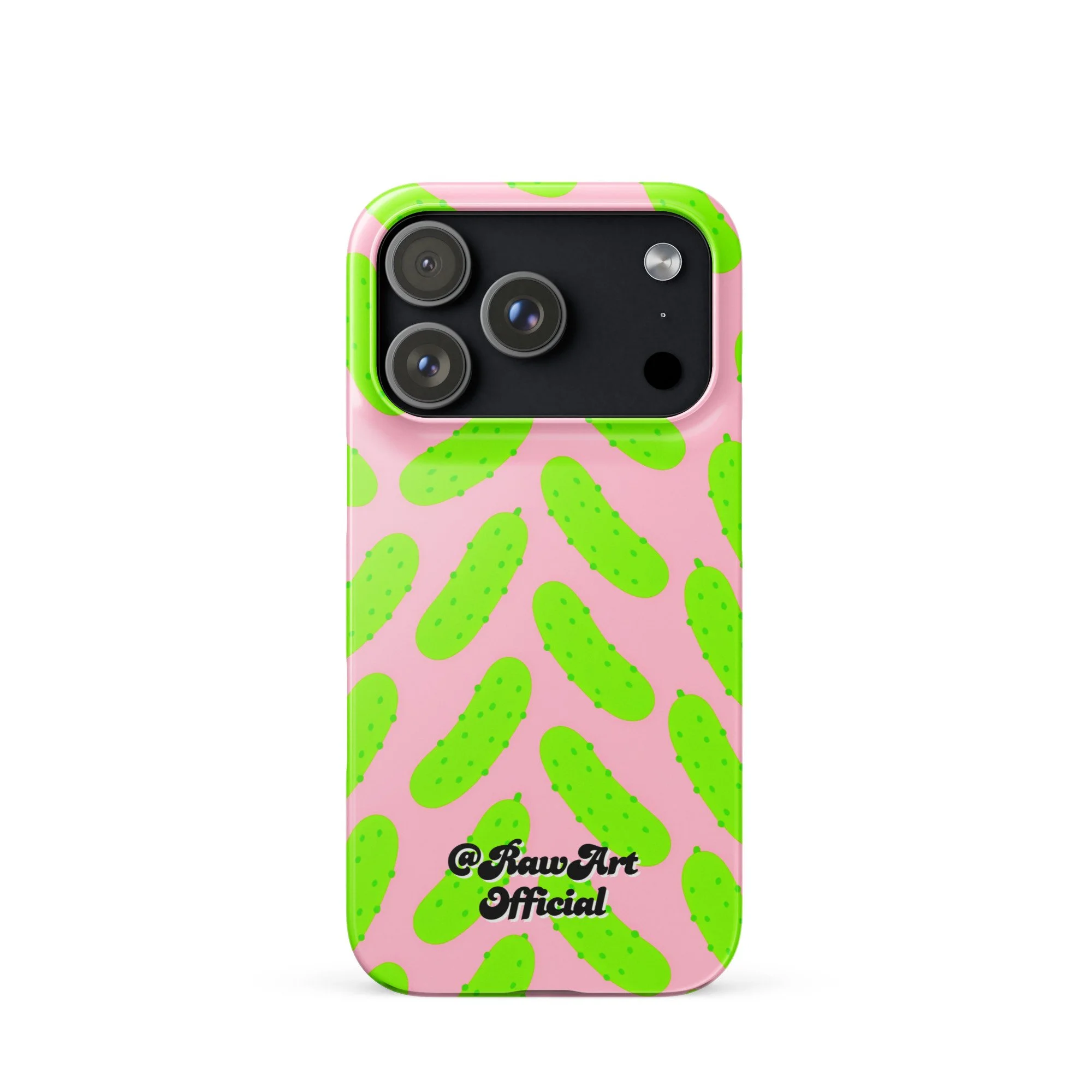 Pink iPhone case with neon green pickle pattern, retro fun design.