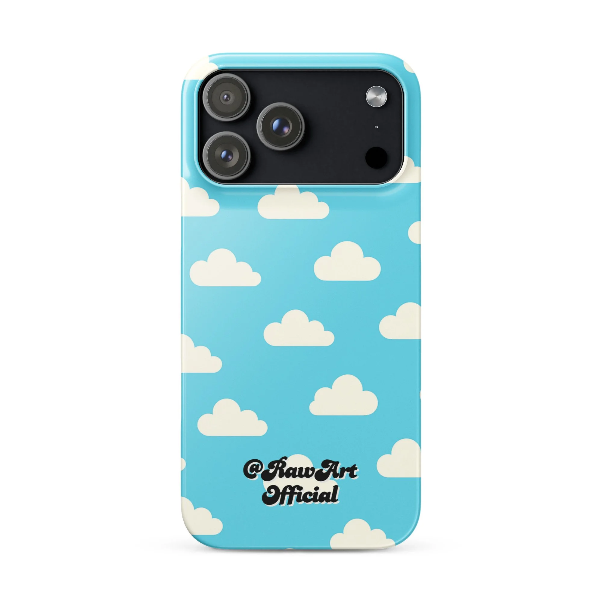 Blue iPhone case with retro white cloud pattern, sky aesthetic design.