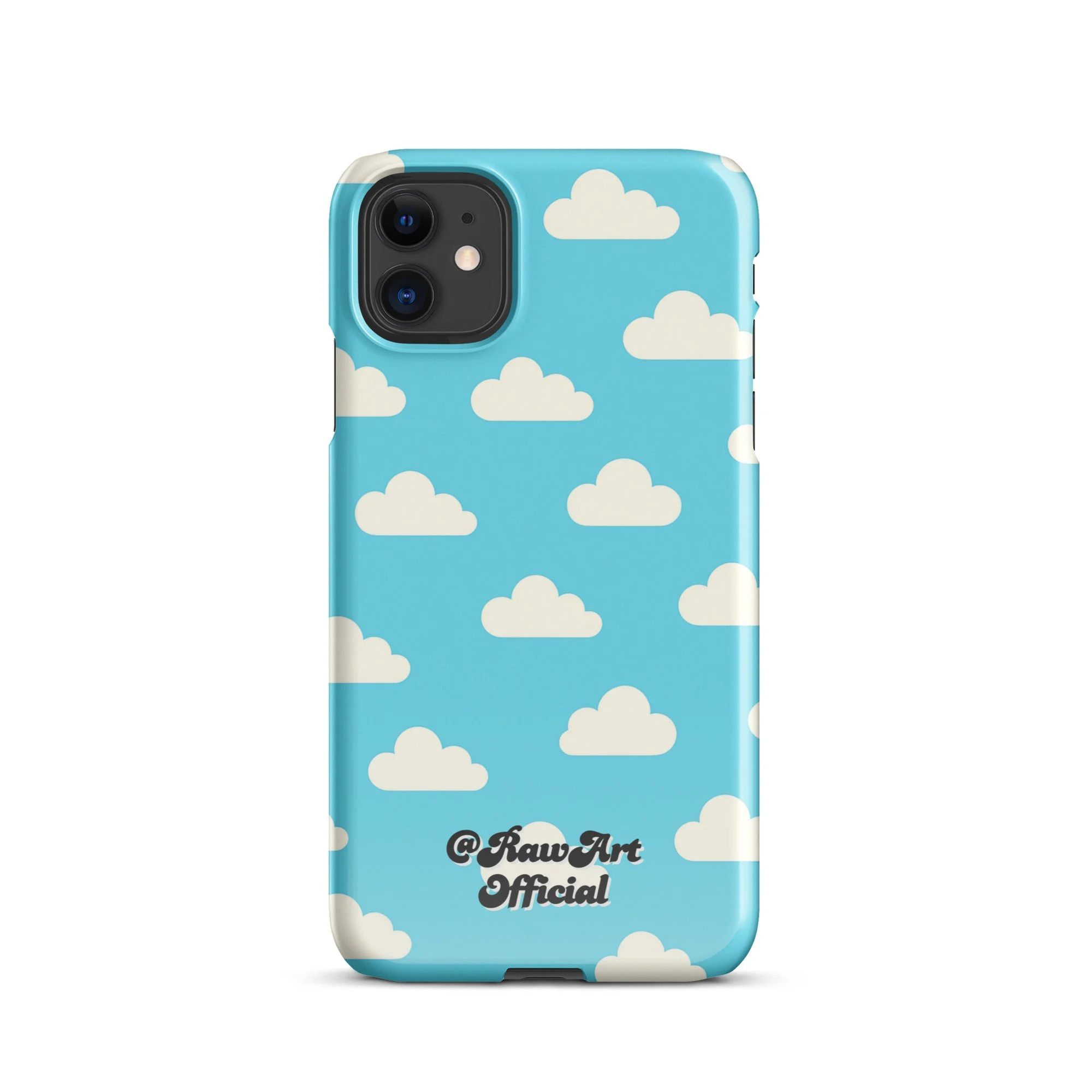 Blue iPhone case with retro white cloud pattern, sky aesthetic design.