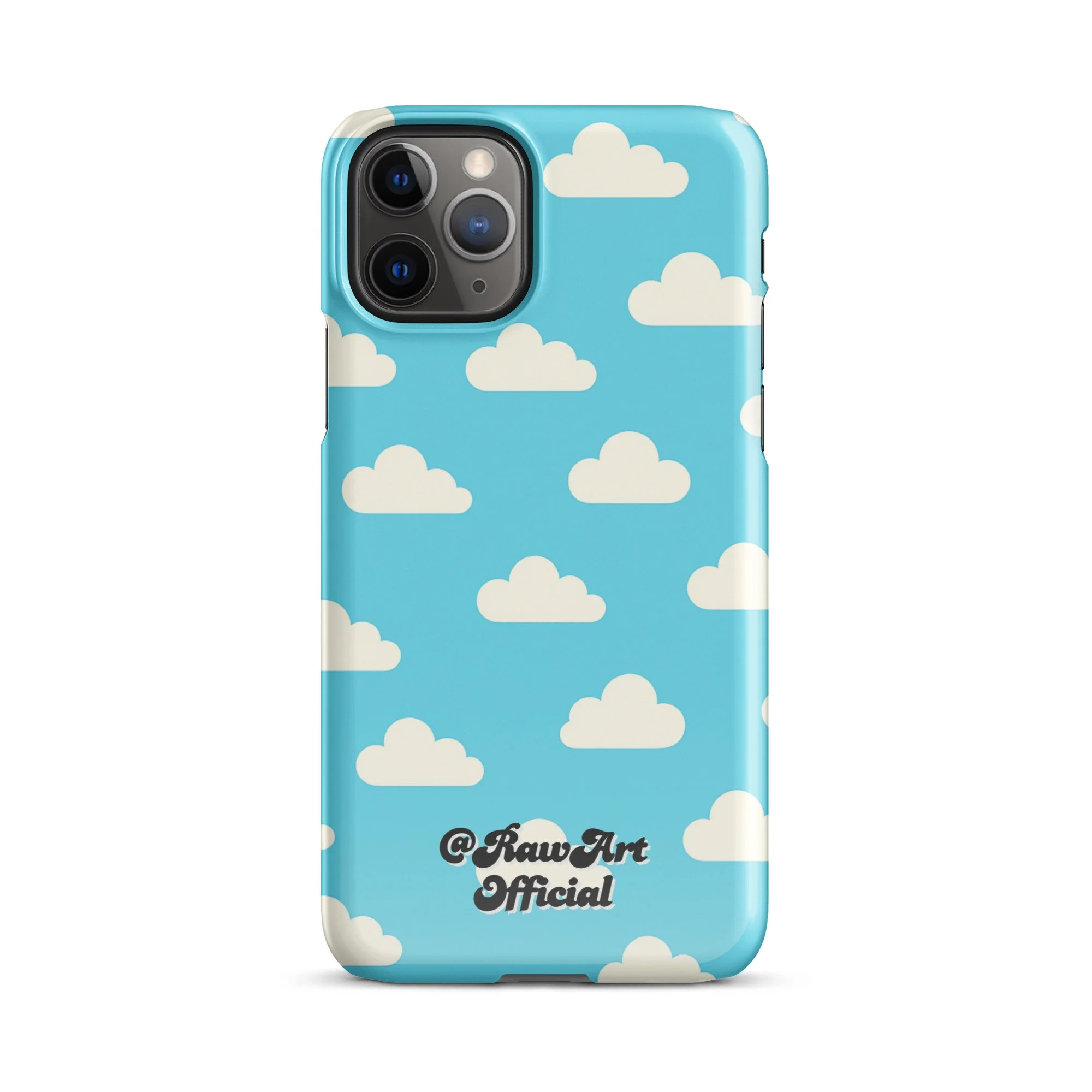 Blue iPhone case with retro white cloud pattern, sky aesthetic design.