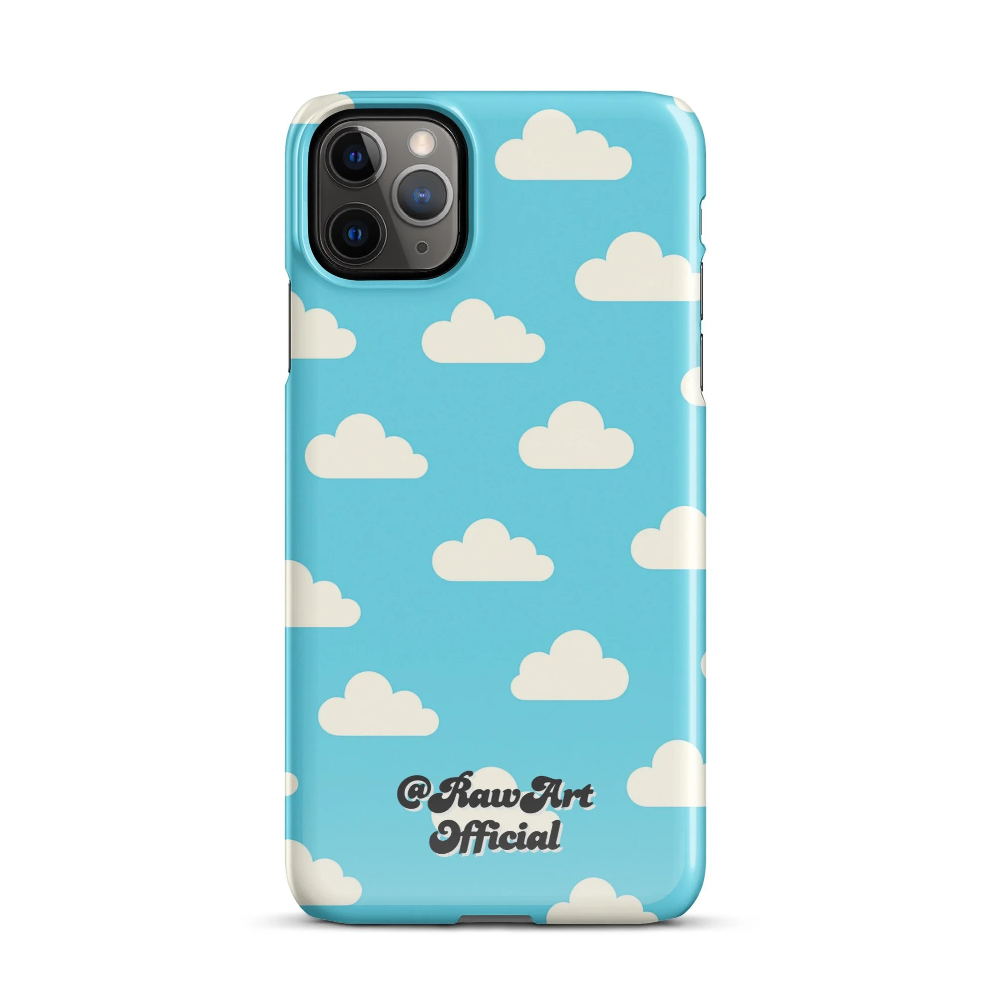 Blue iPhone case with retro white cloud pattern, sky aesthetic design.