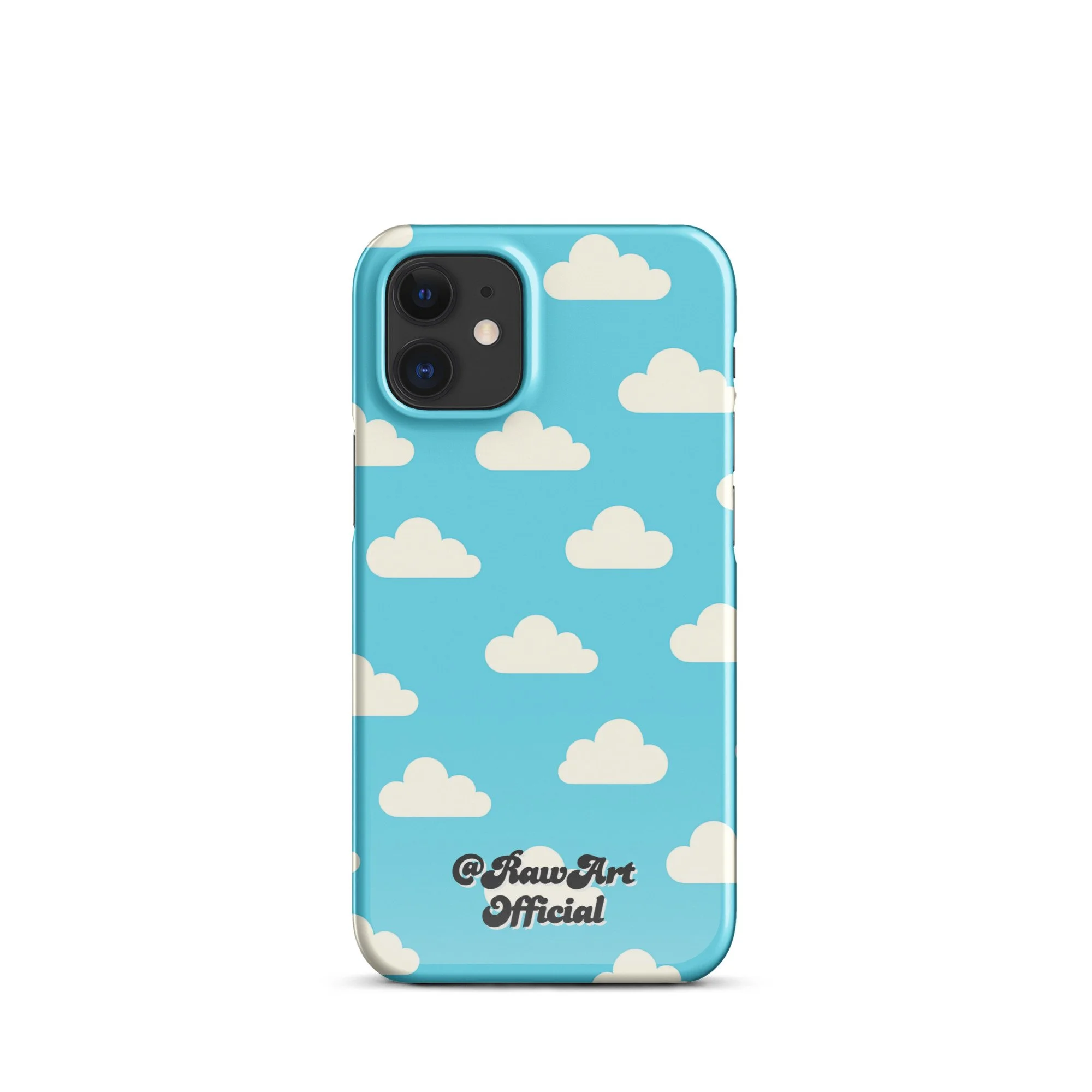 Blue iPhone case with retro white cloud pattern, sky aesthetic design.
