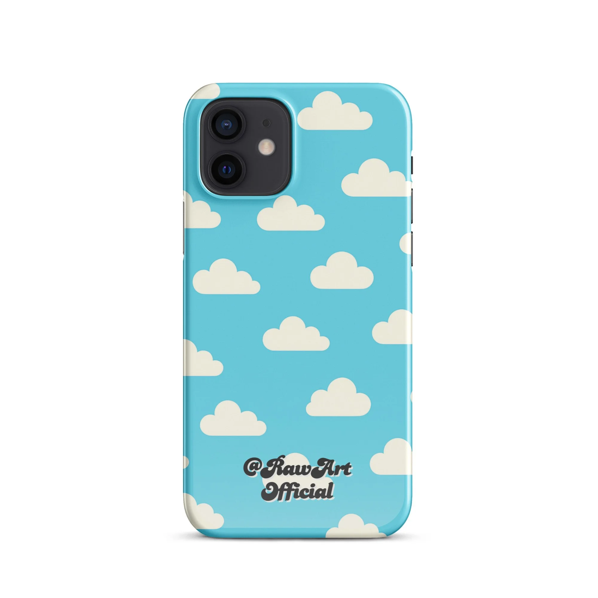 Blue iPhone case with retro white cloud pattern, sky aesthetic design.