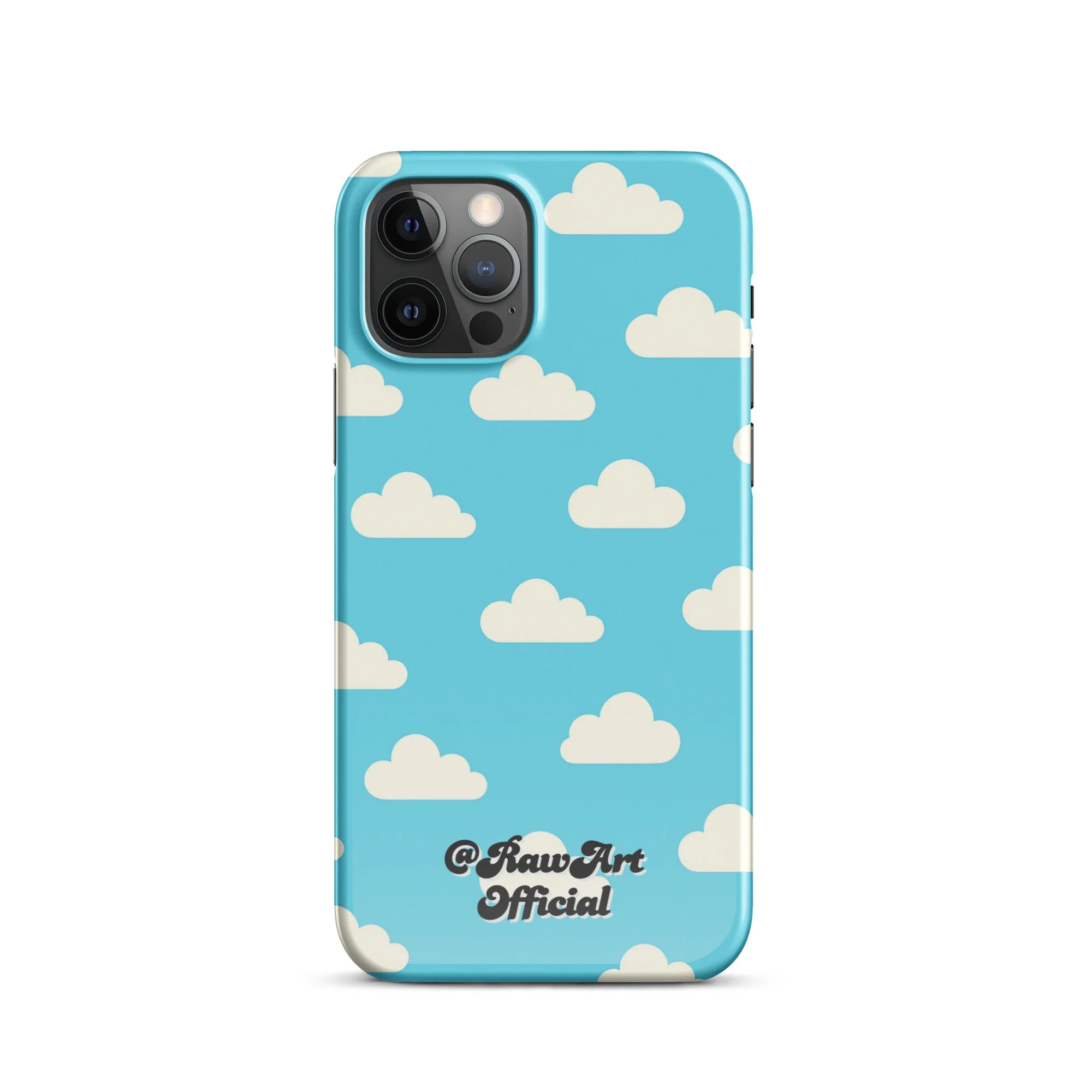 Blue iPhone case with retro white cloud pattern, sky aesthetic design.