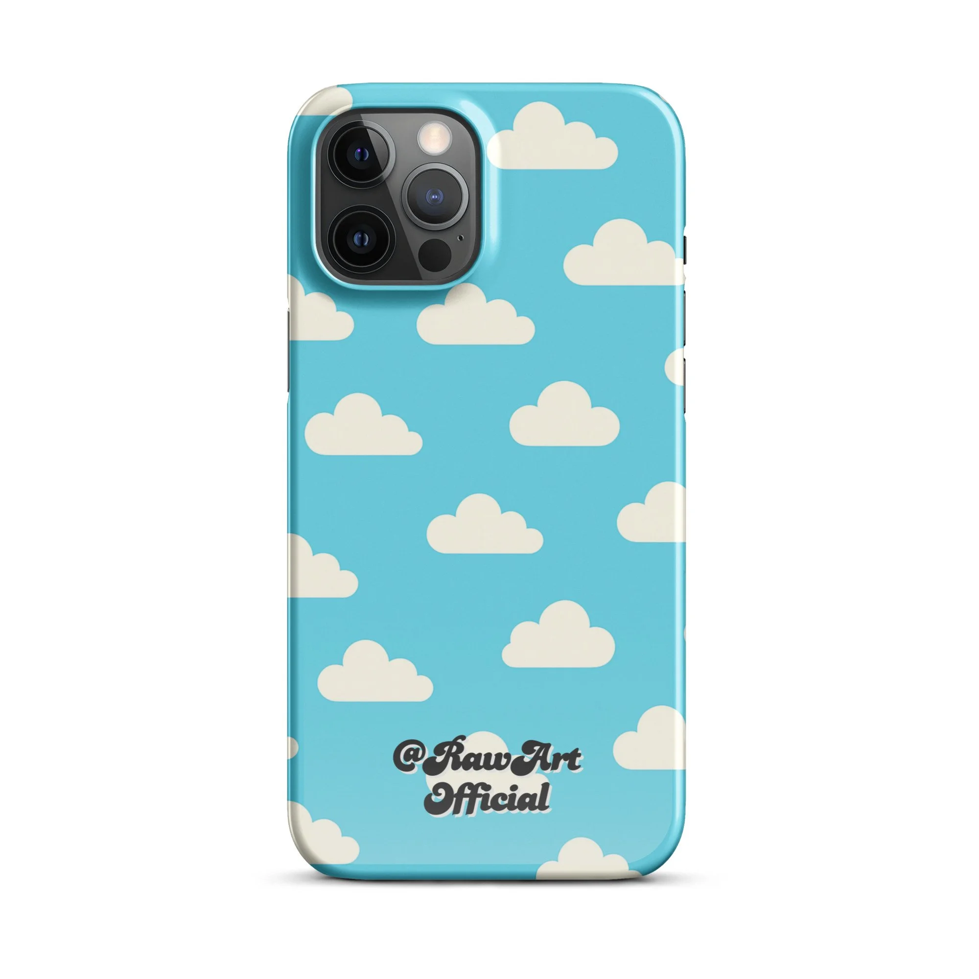 Blue iPhone case with retro white cloud pattern, sky aesthetic design.