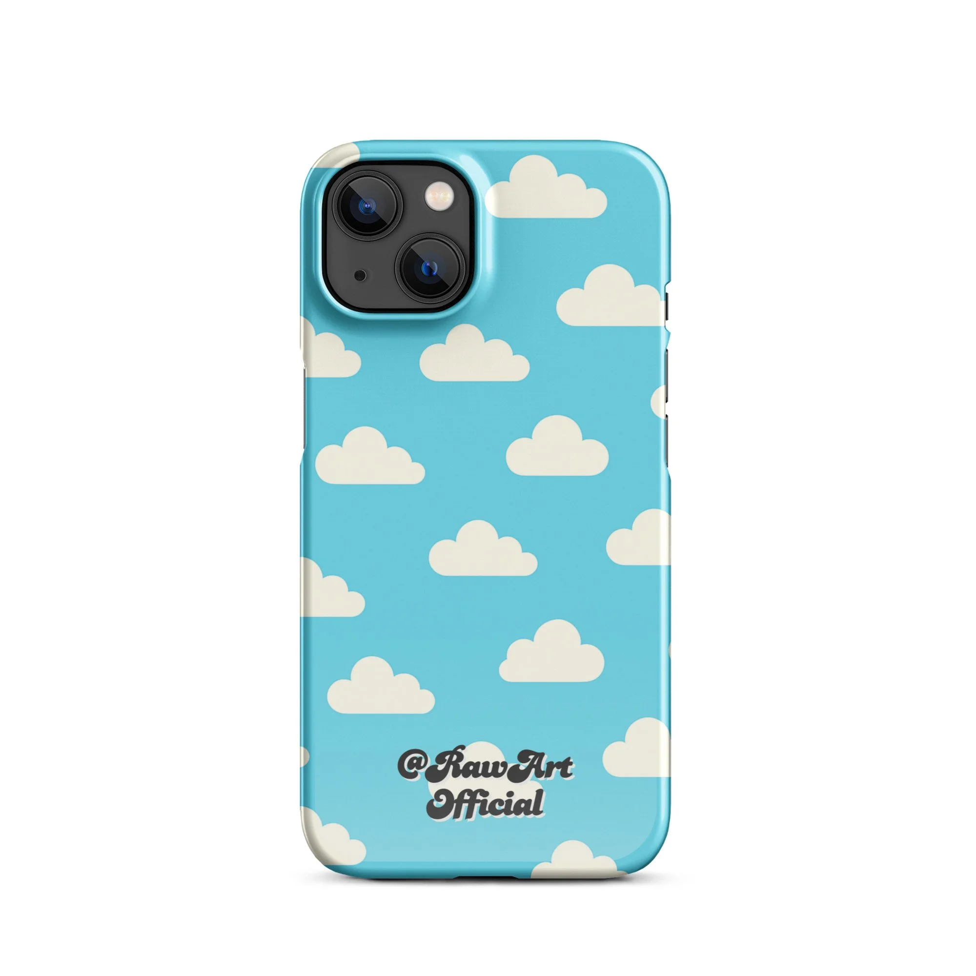 Blue iPhone case with retro white cloud pattern, sky aesthetic design.