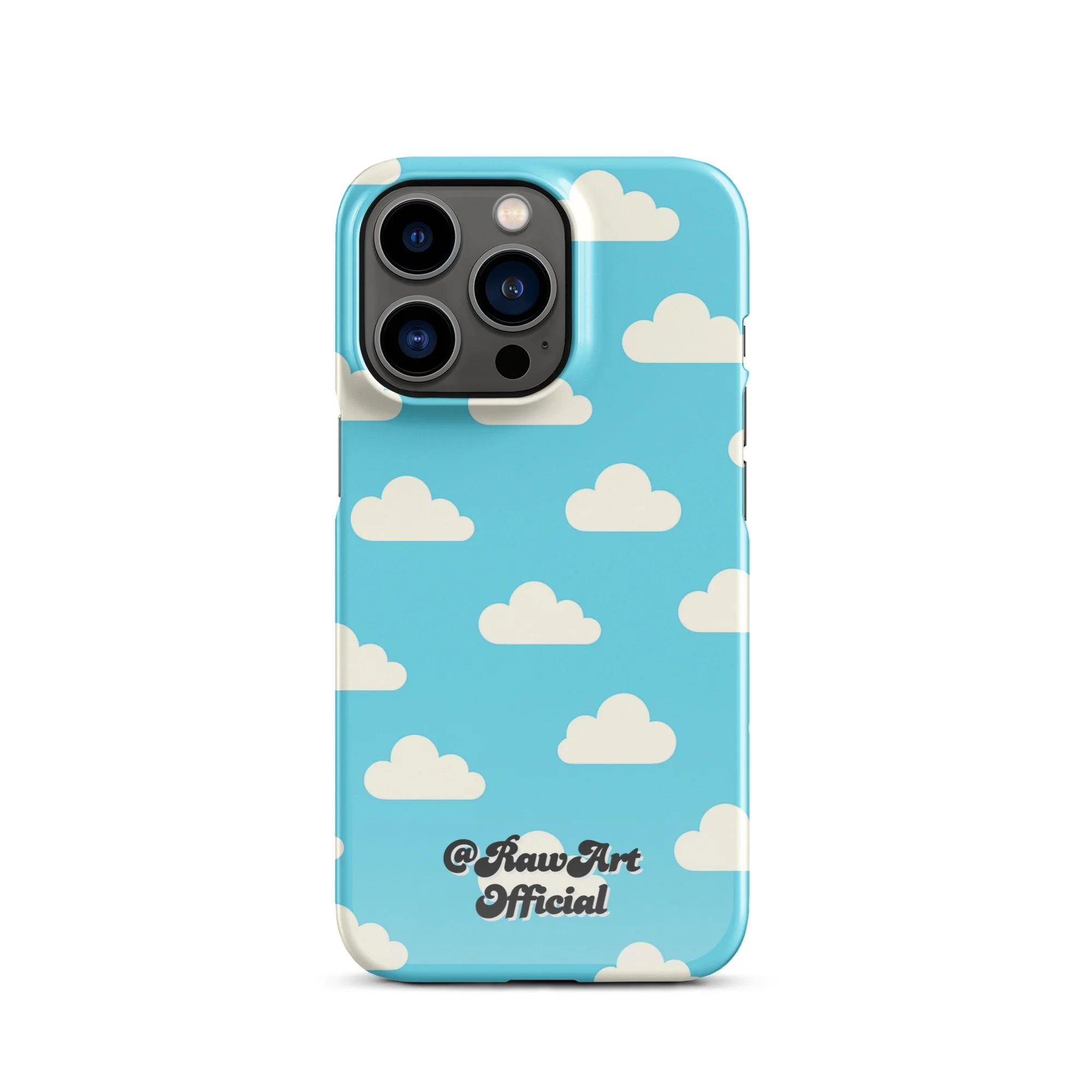 Blue iPhone case with retro white cloud pattern, sky aesthetic design.