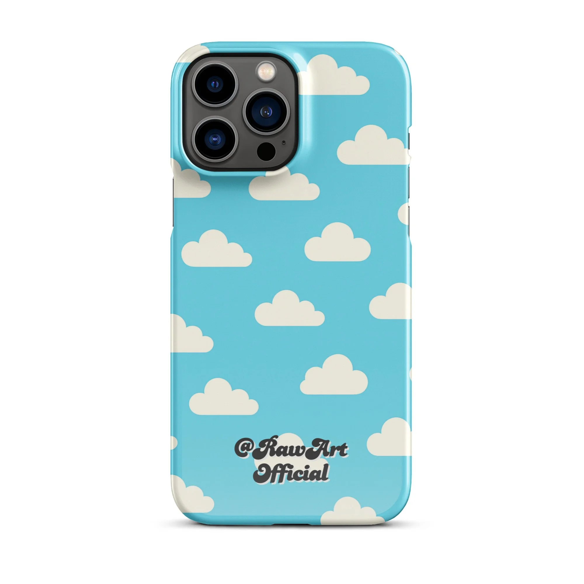 Blue iPhone case with retro white cloud pattern, sky aesthetic design.