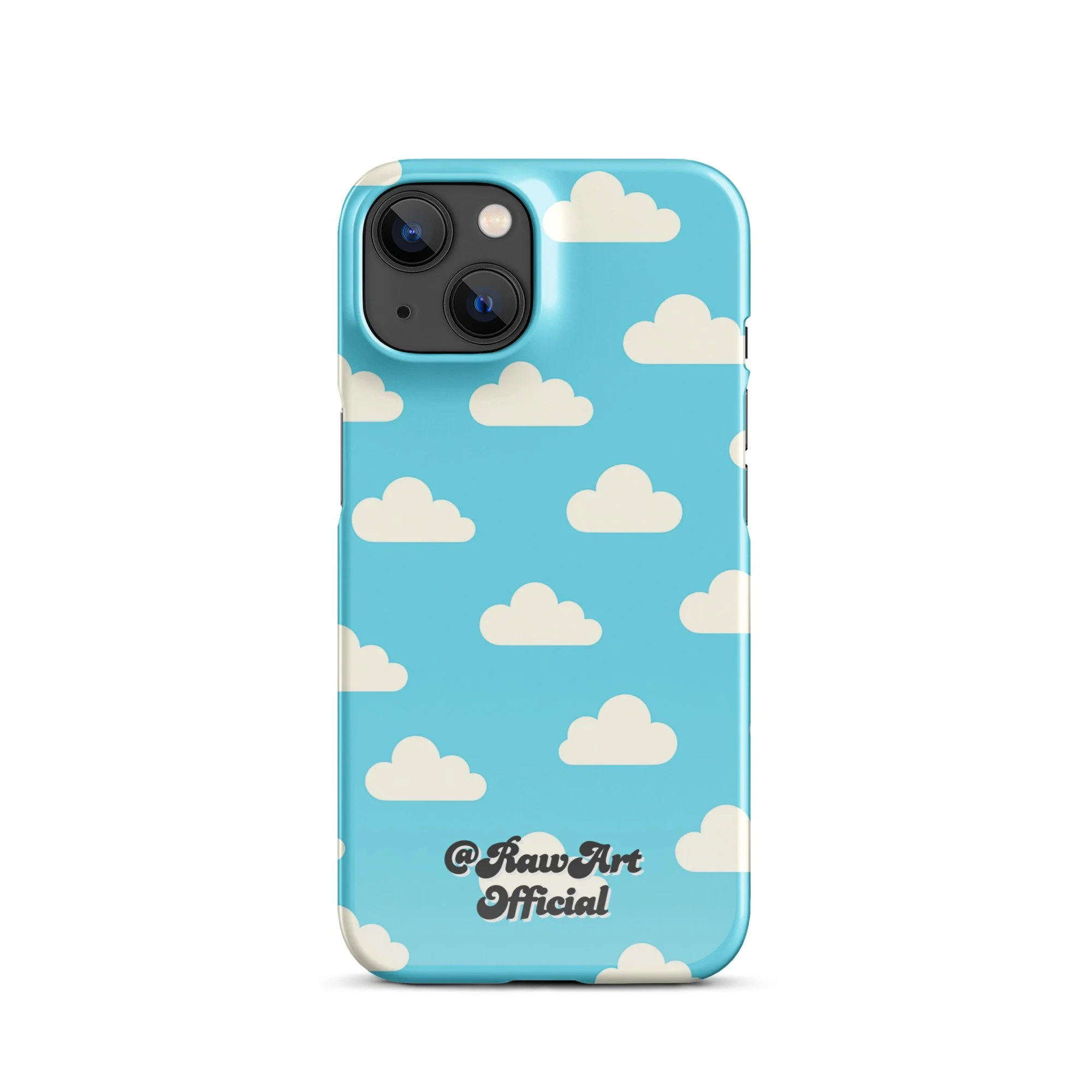 Blue iPhone case with retro white cloud pattern, sky aesthetic design.
