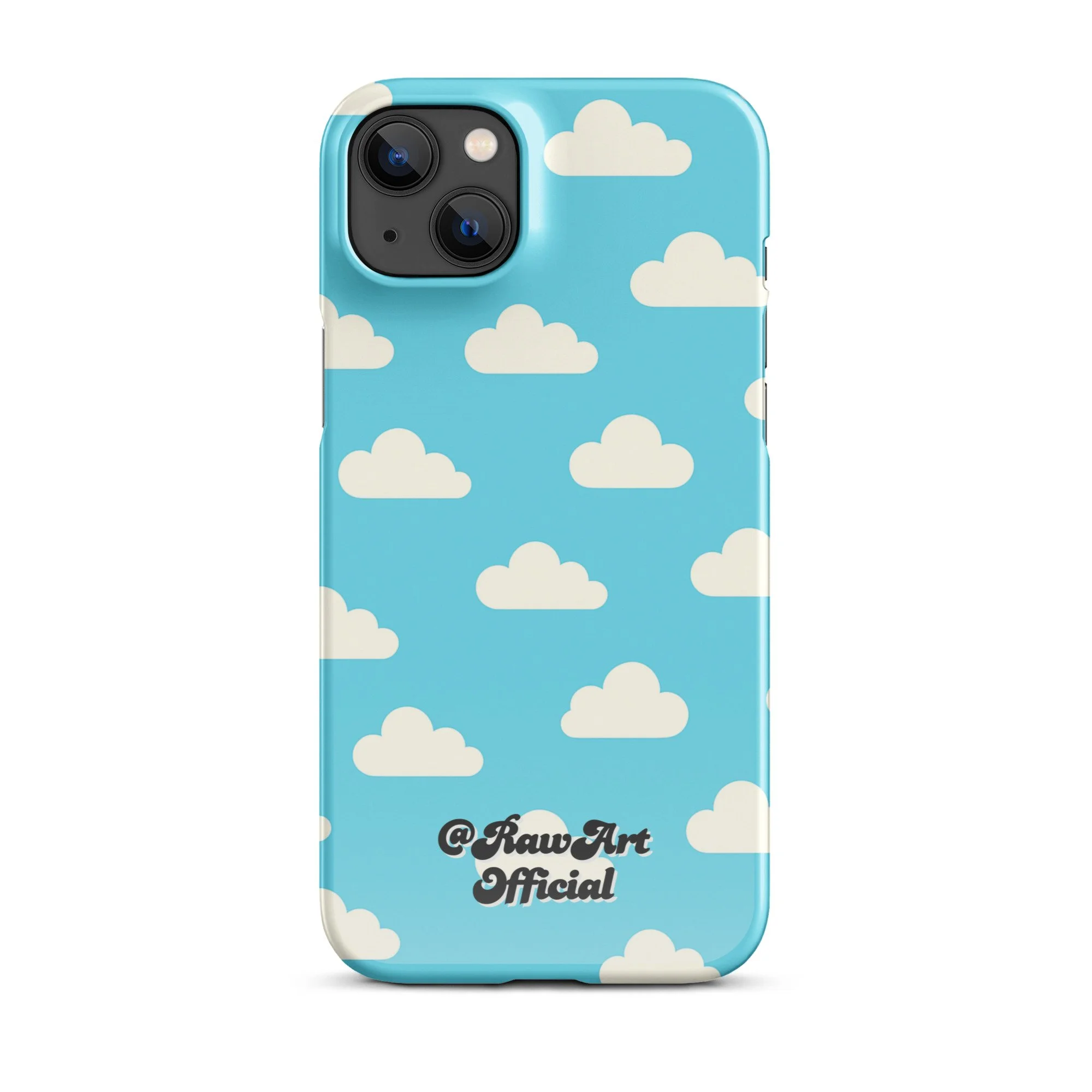 Blue iPhone case with retro white cloud pattern, sky aesthetic design.