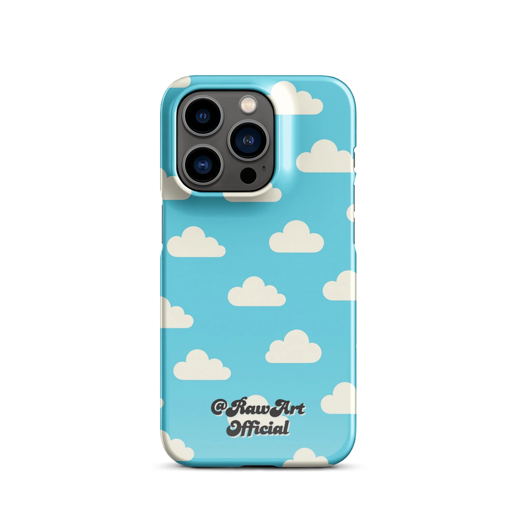 Blue iPhone case with retro white cloud pattern, sky aesthetic design.