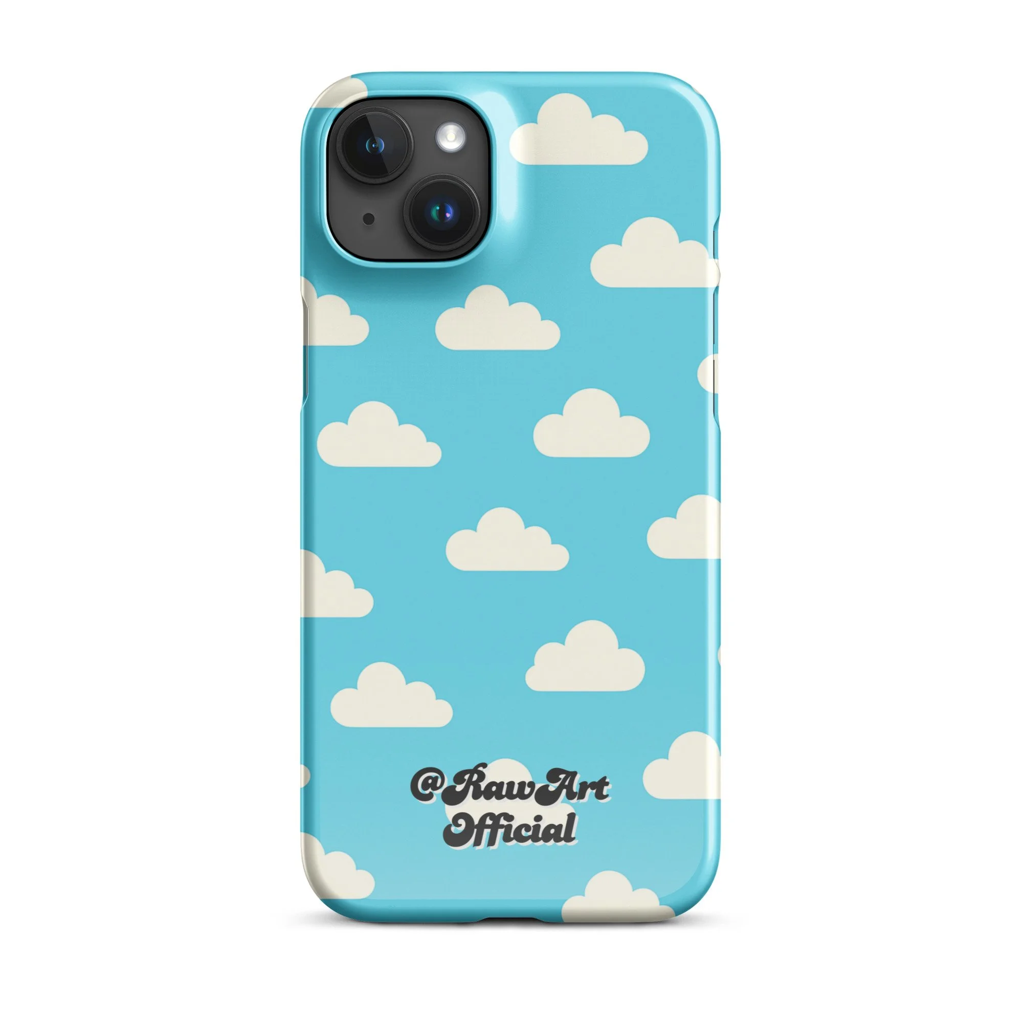Blue iPhone case with retro white cloud pattern, sky aesthetic design.
