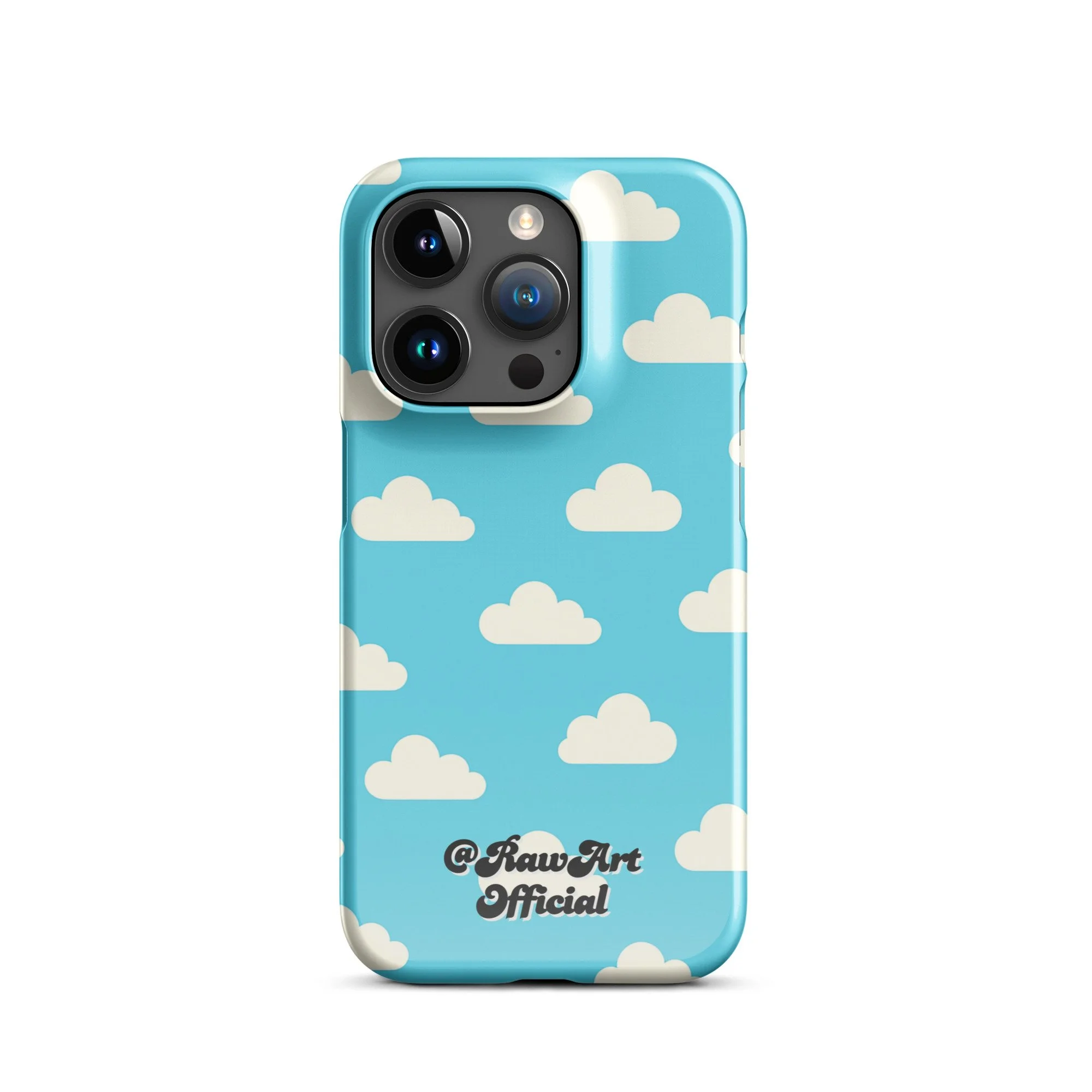 Blue iPhone case with retro white cloud pattern, sky aesthetic design.
