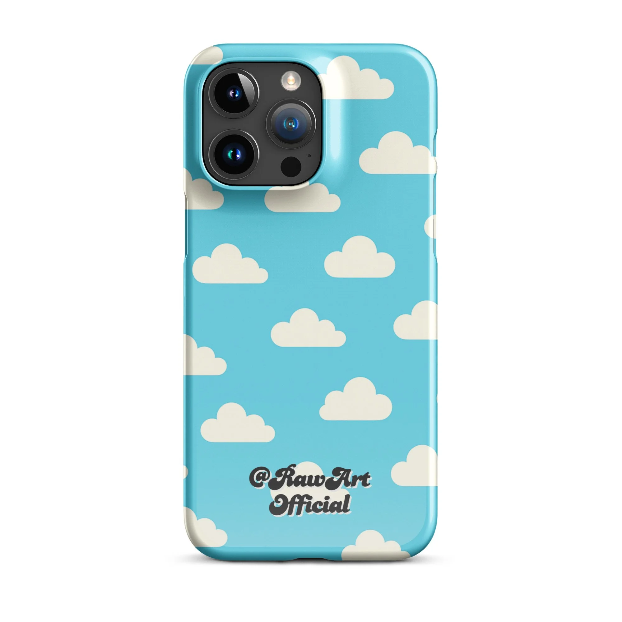 Blue iPhone case with retro white cloud pattern, sky aesthetic design.