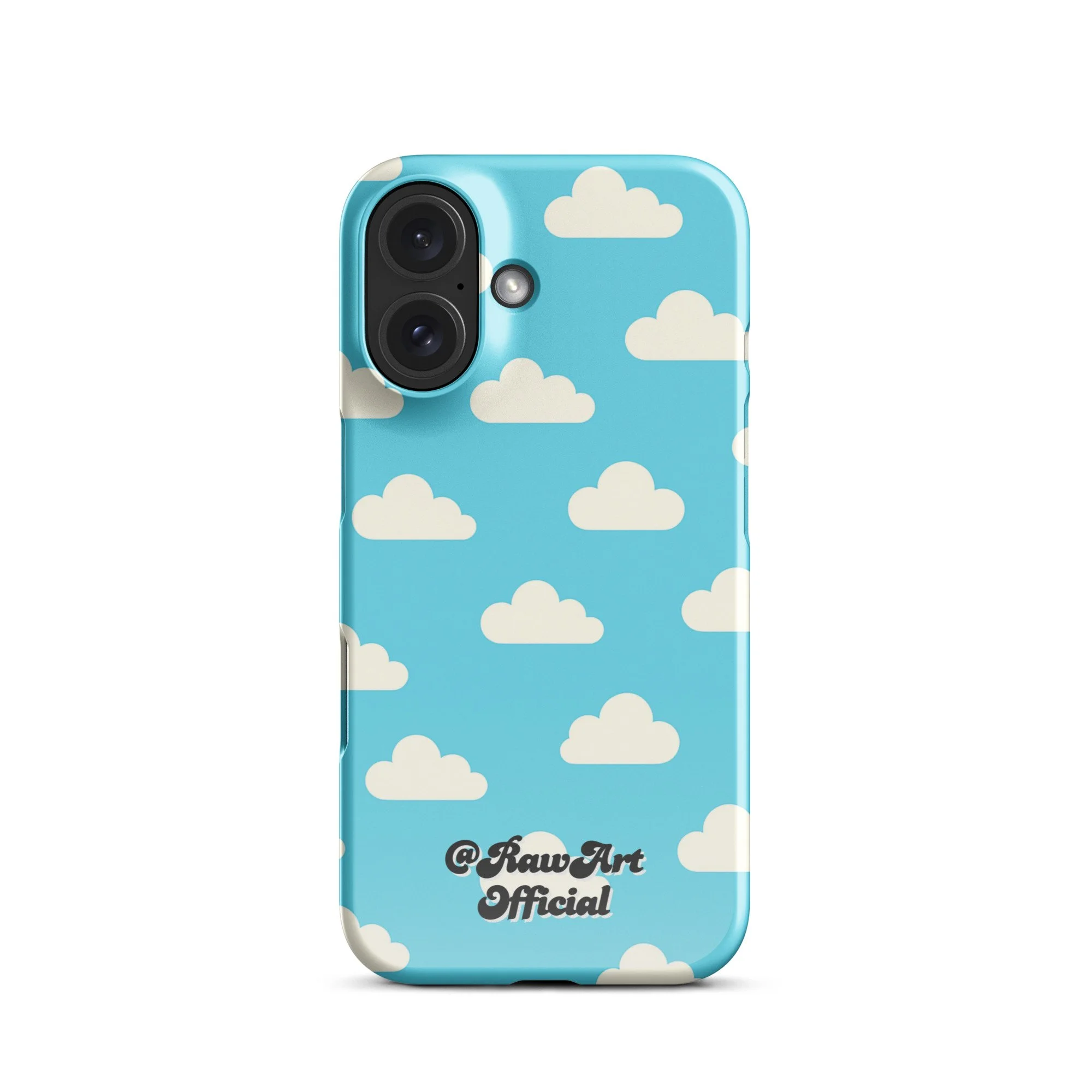 Blue iPhone case with retro white cloud pattern, sky aesthetic design.