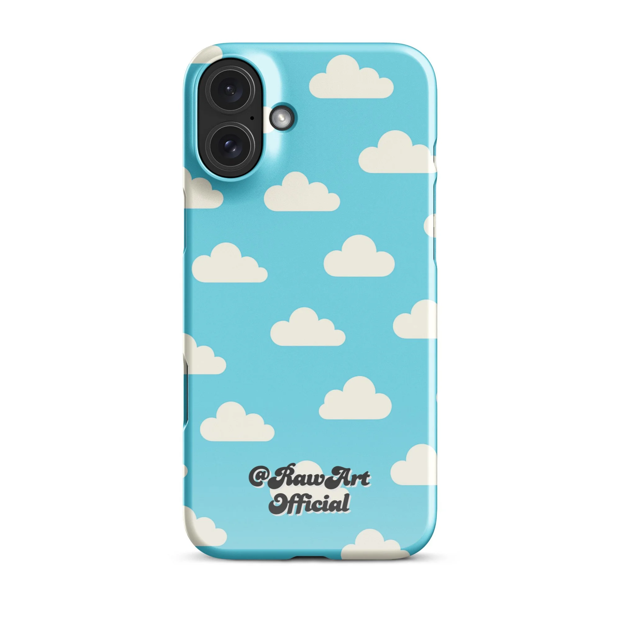 Blue iPhone case with retro white cloud pattern, sky aesthetic design.