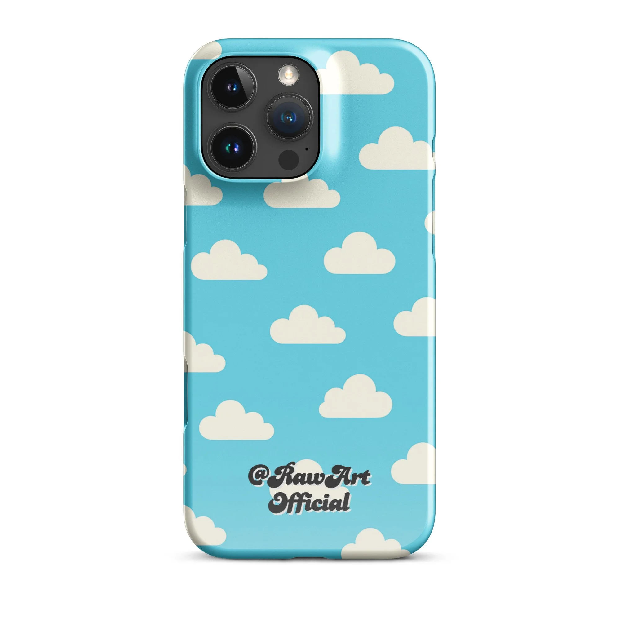 Blue iPhone case with retro white cloud pattern, sky aesthetic design.