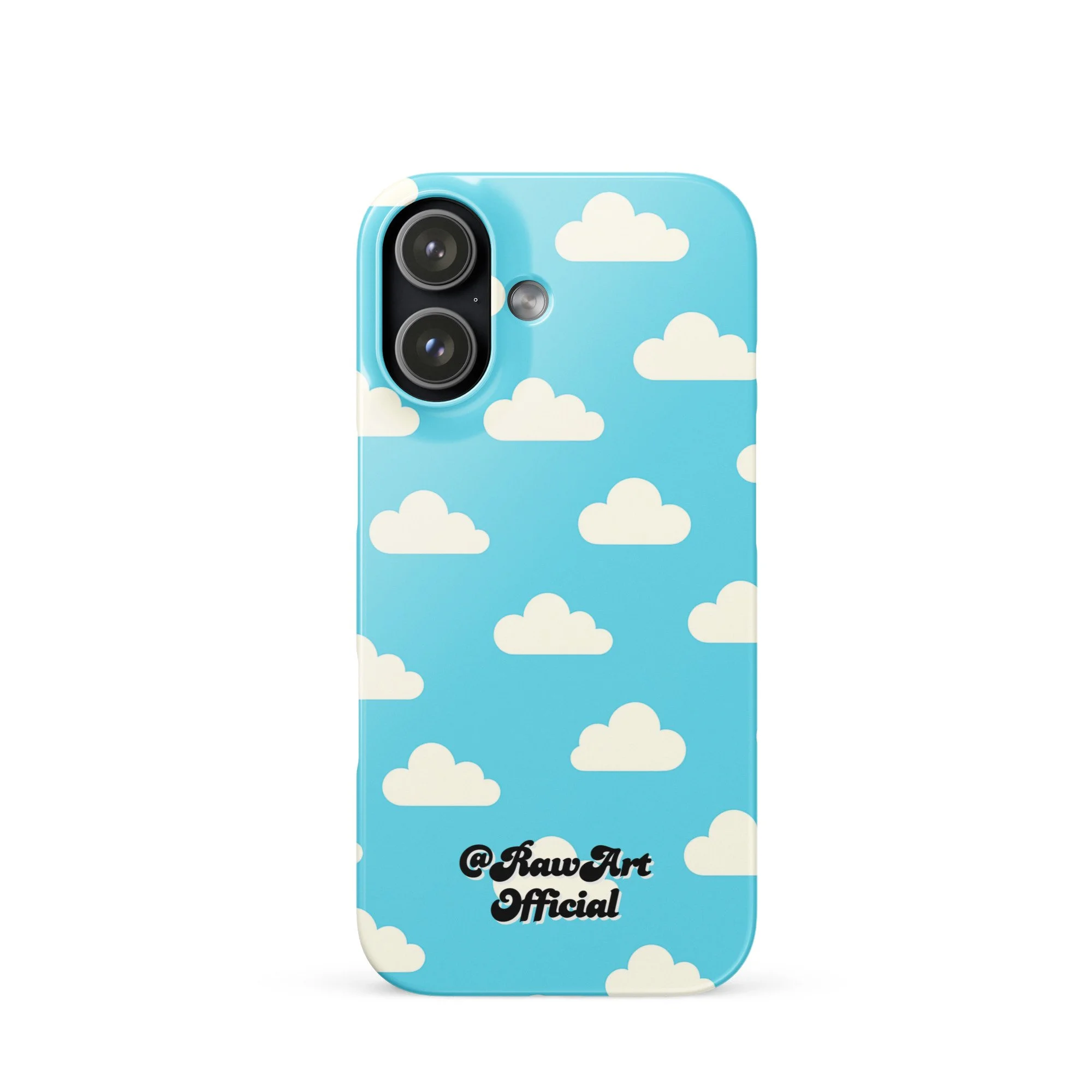 Blue iPhone case with retro white cloud pattern, sky aesthetic design.