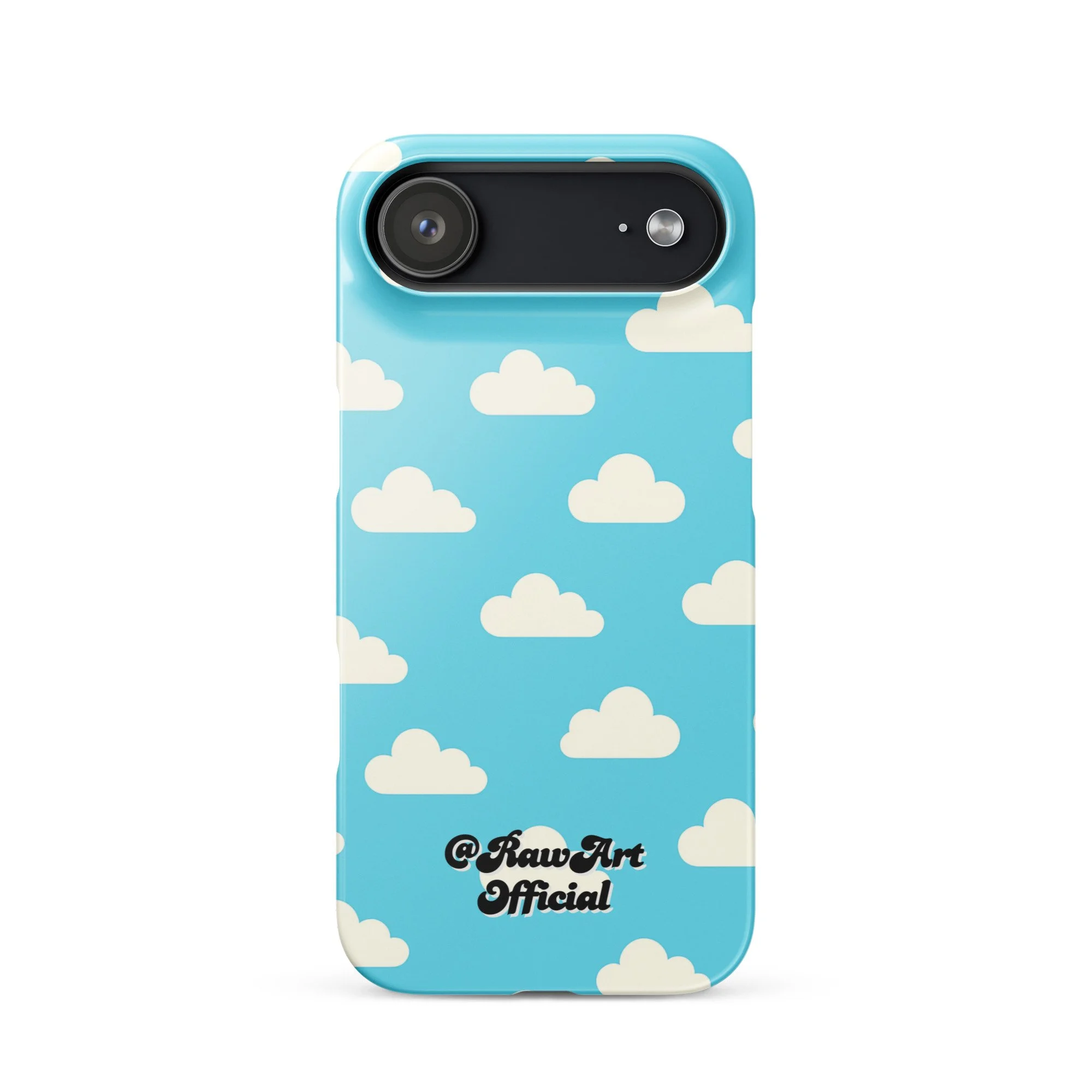 Blue iPhone case with retro white cloud pattern, sky aesthetic design.