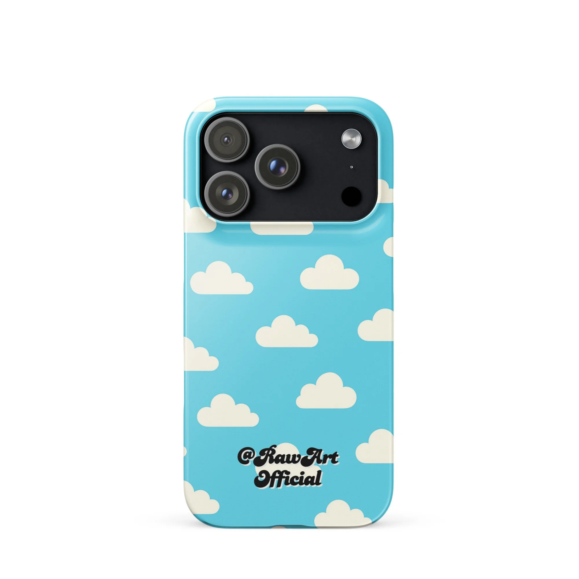 Blue iPhone case with retro white cloud pattern, sky aesthetic design.