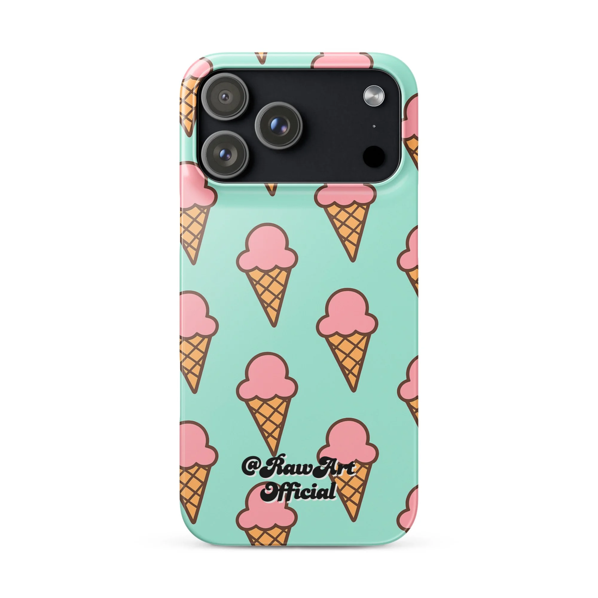 Mint green iPhone case with pink ice cream cone pattern, retro fun design.