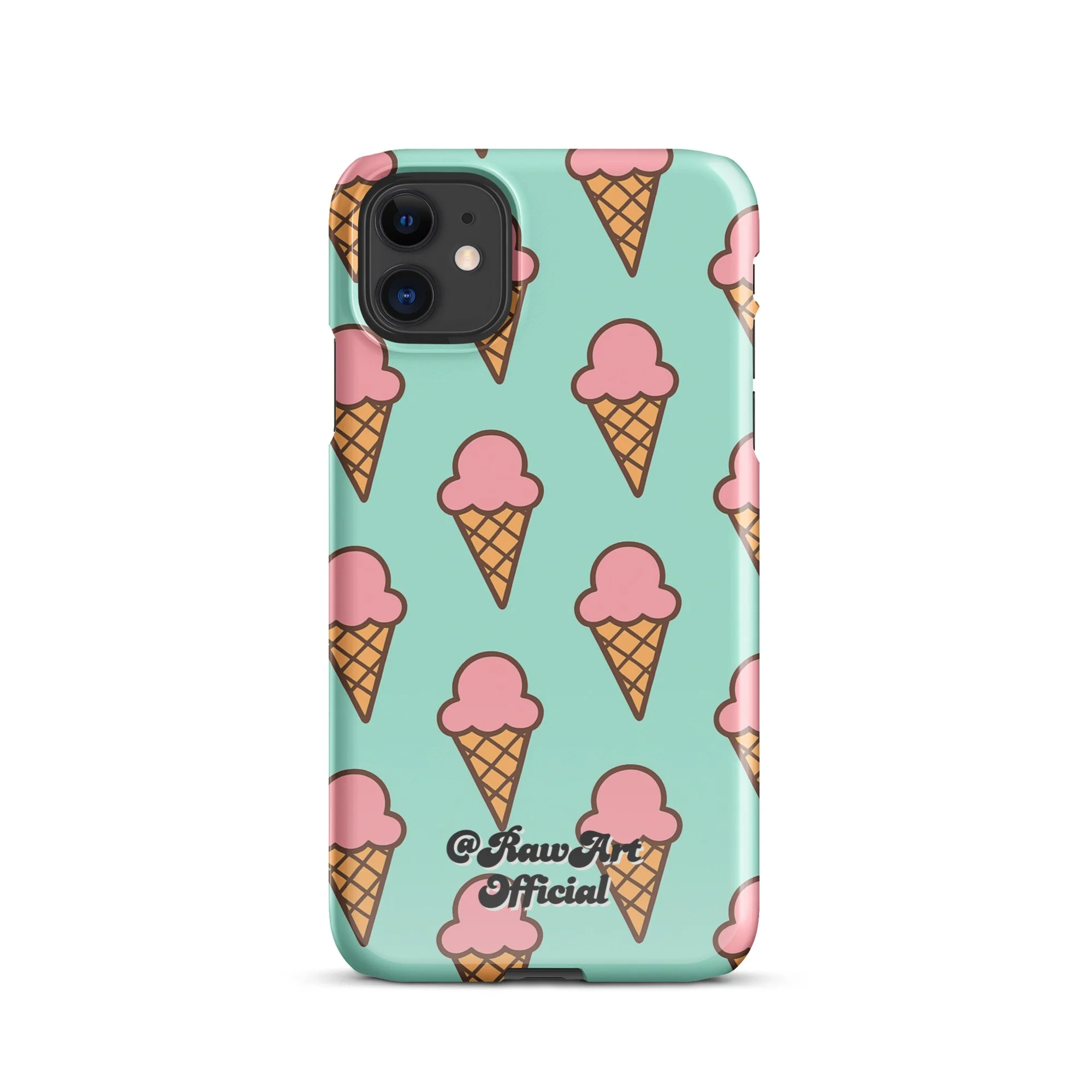 Mint green iPhone case with pink ice cream cone pattern, retro fun design.
