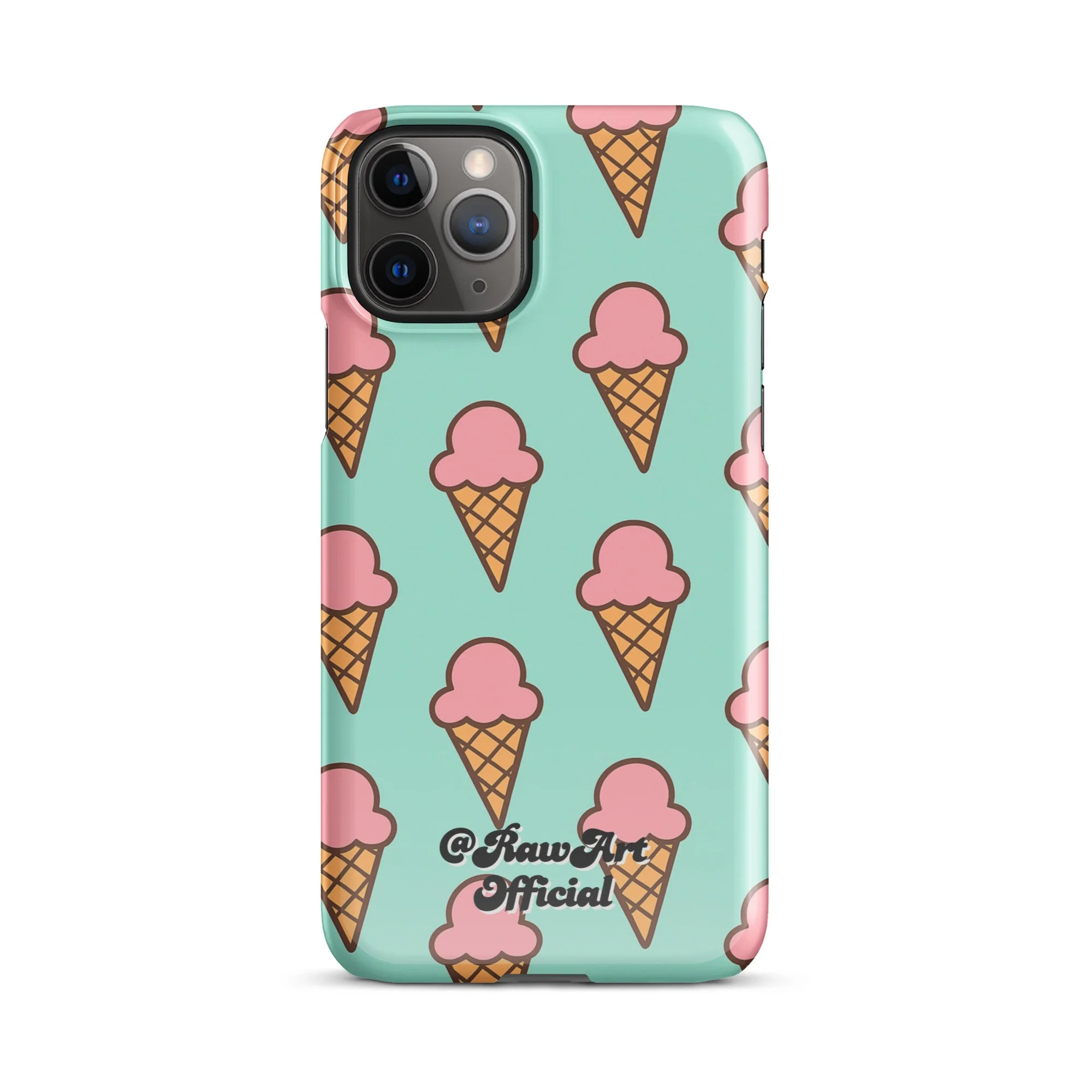Mint green iPhone case with pink ice cream cone pattern, retro fun design.
