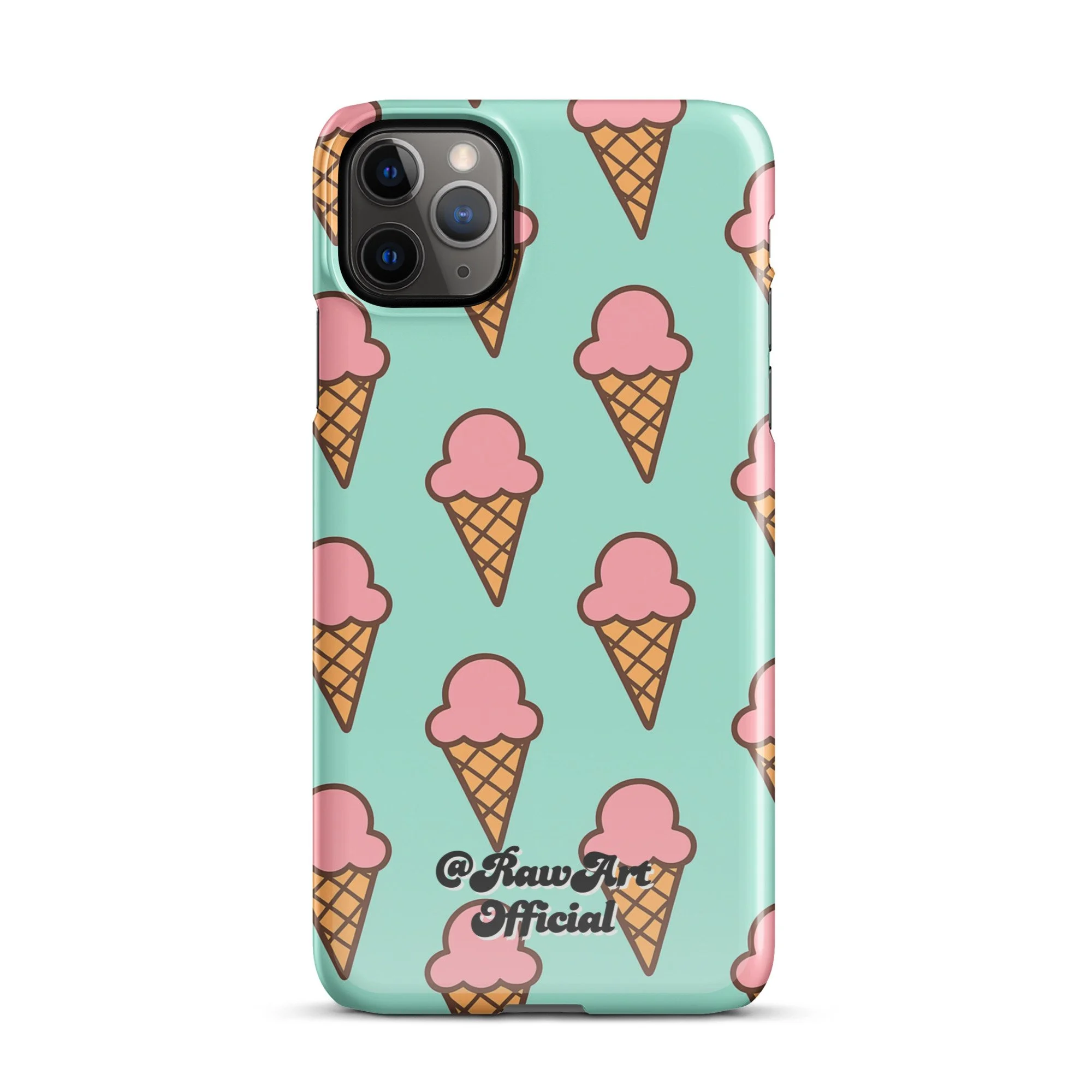 Mint green iPhone case with pink ice cream cone pattern, retro fun design.