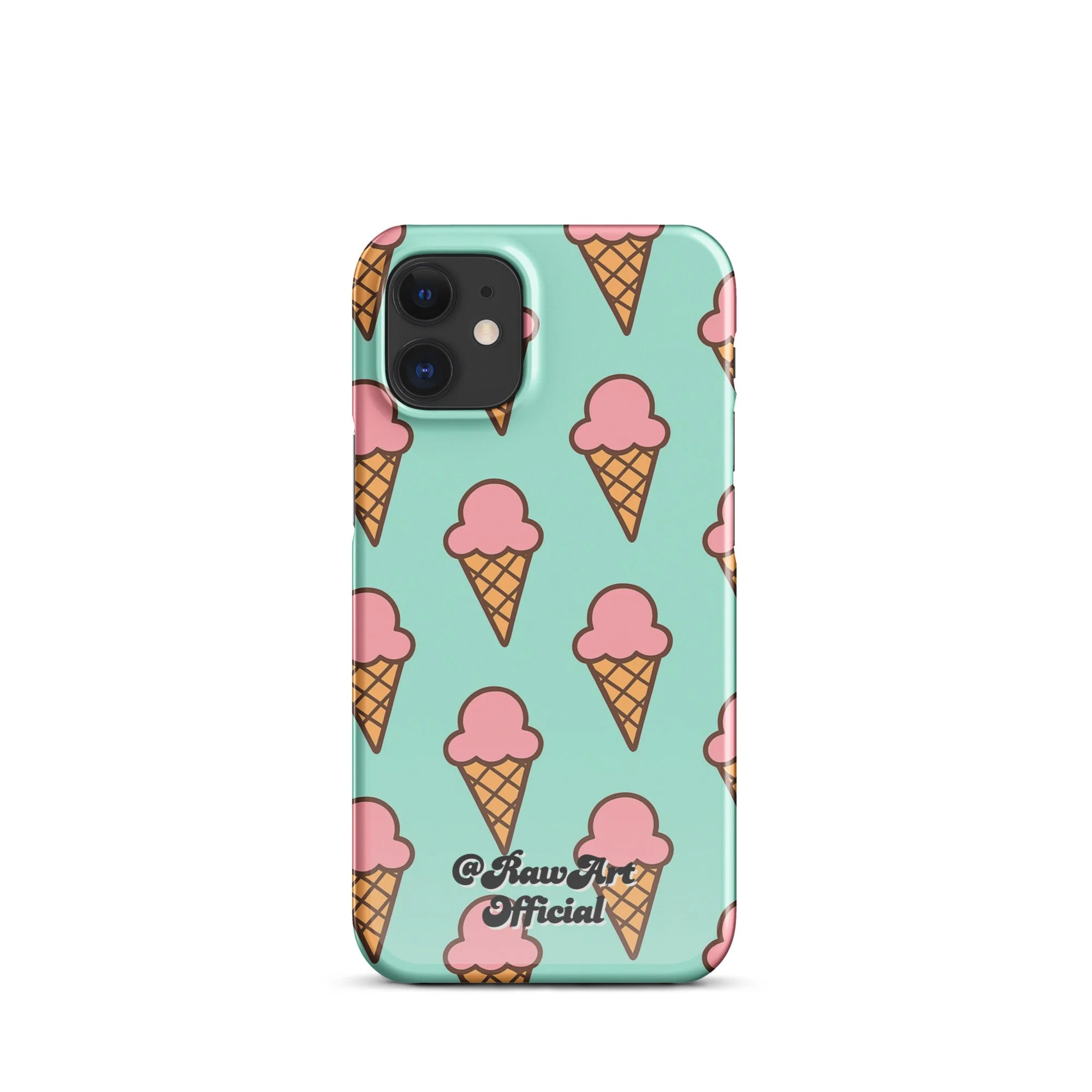 Mint green iPhone case with pink ice cream cone pattern, retro fun design.