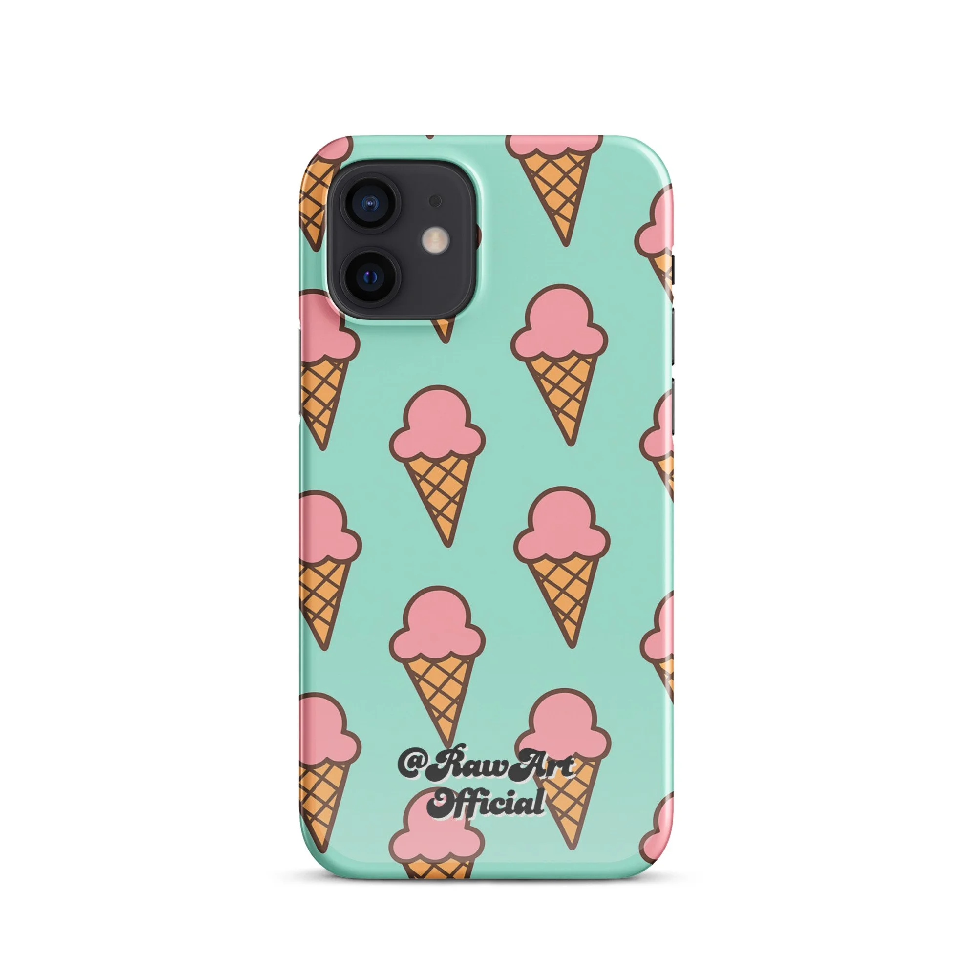 Mint green iPhone case with pink ice cream cone pattern, retro fun design.