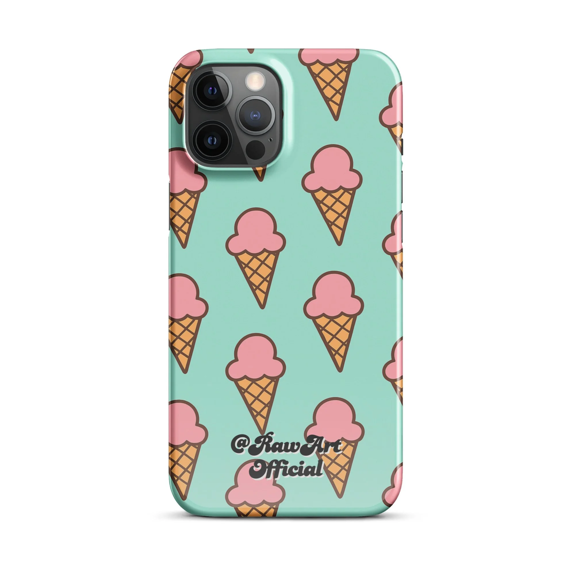 Mint green iPhone case with pink ice cream cone pattern, retro fun design.