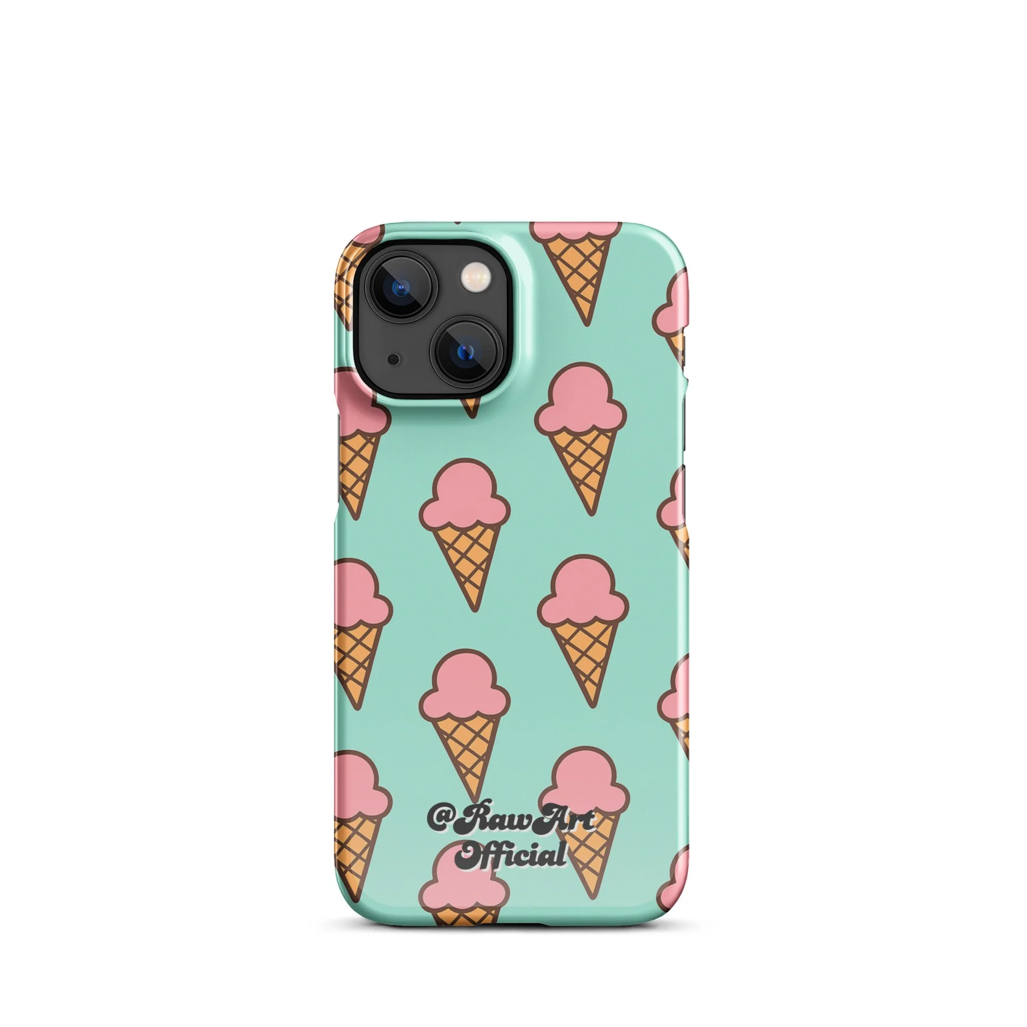 Mint green iPhone case with pink ice cream cone pattern, retro fun design.