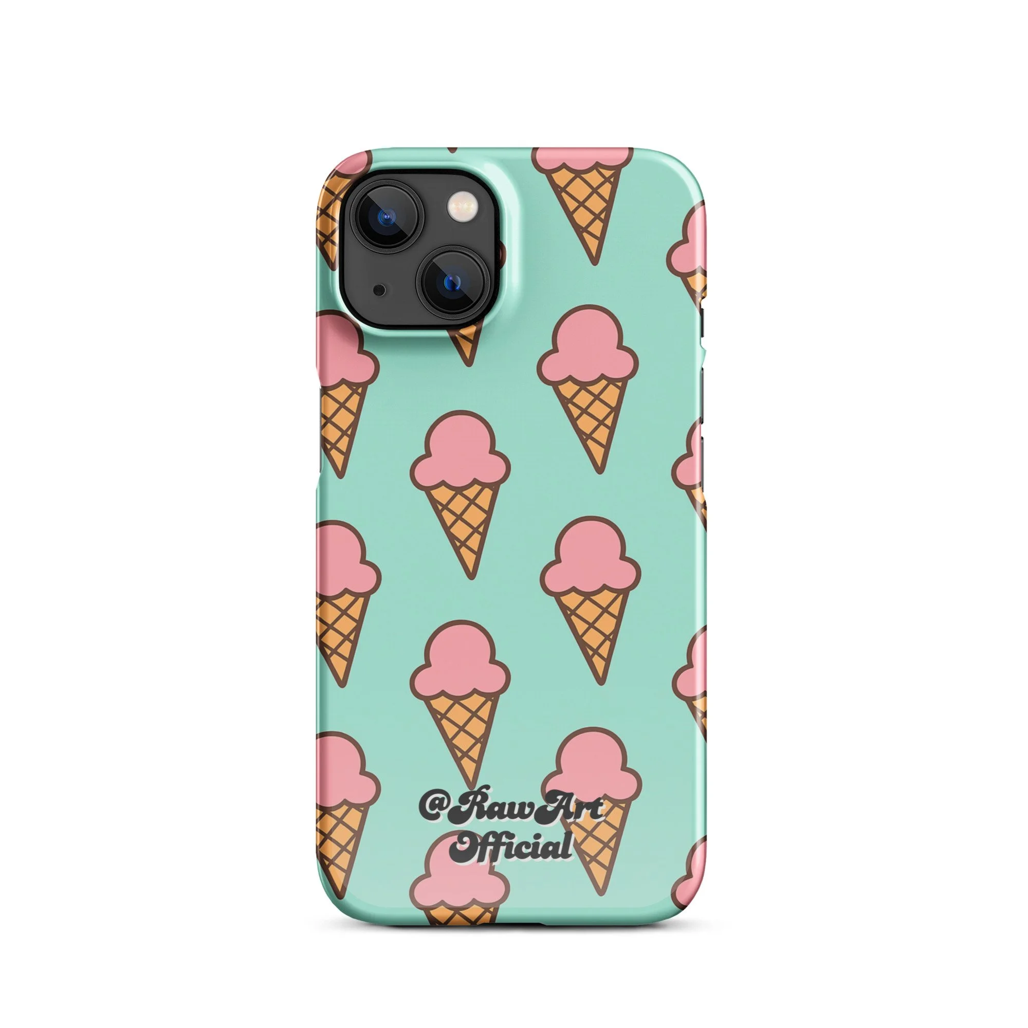 Mint green iPhone case with pink ice cream cone pattern, retro fun design.