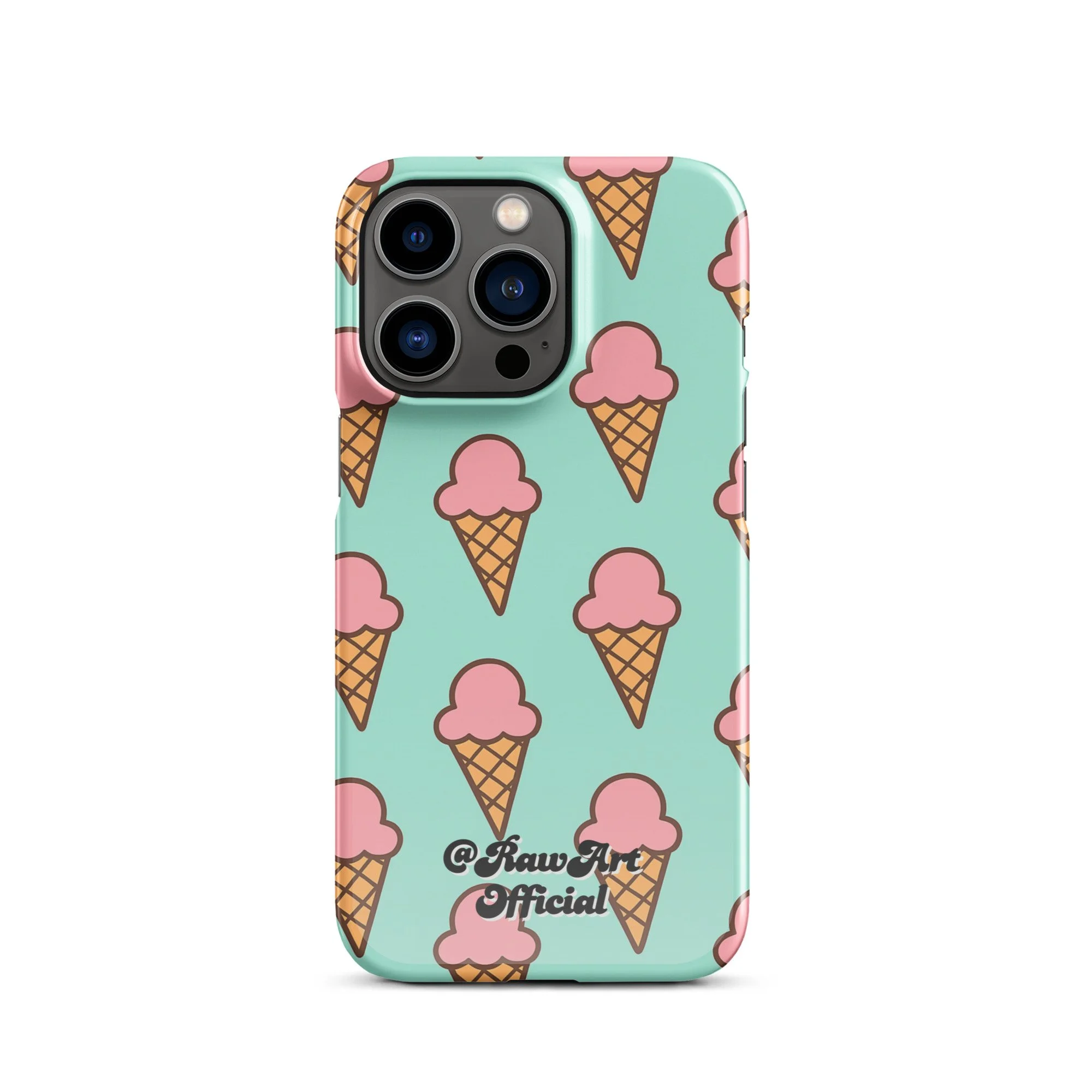Mint green iPhone case with pink ice cream cone pattern, retro fun design.