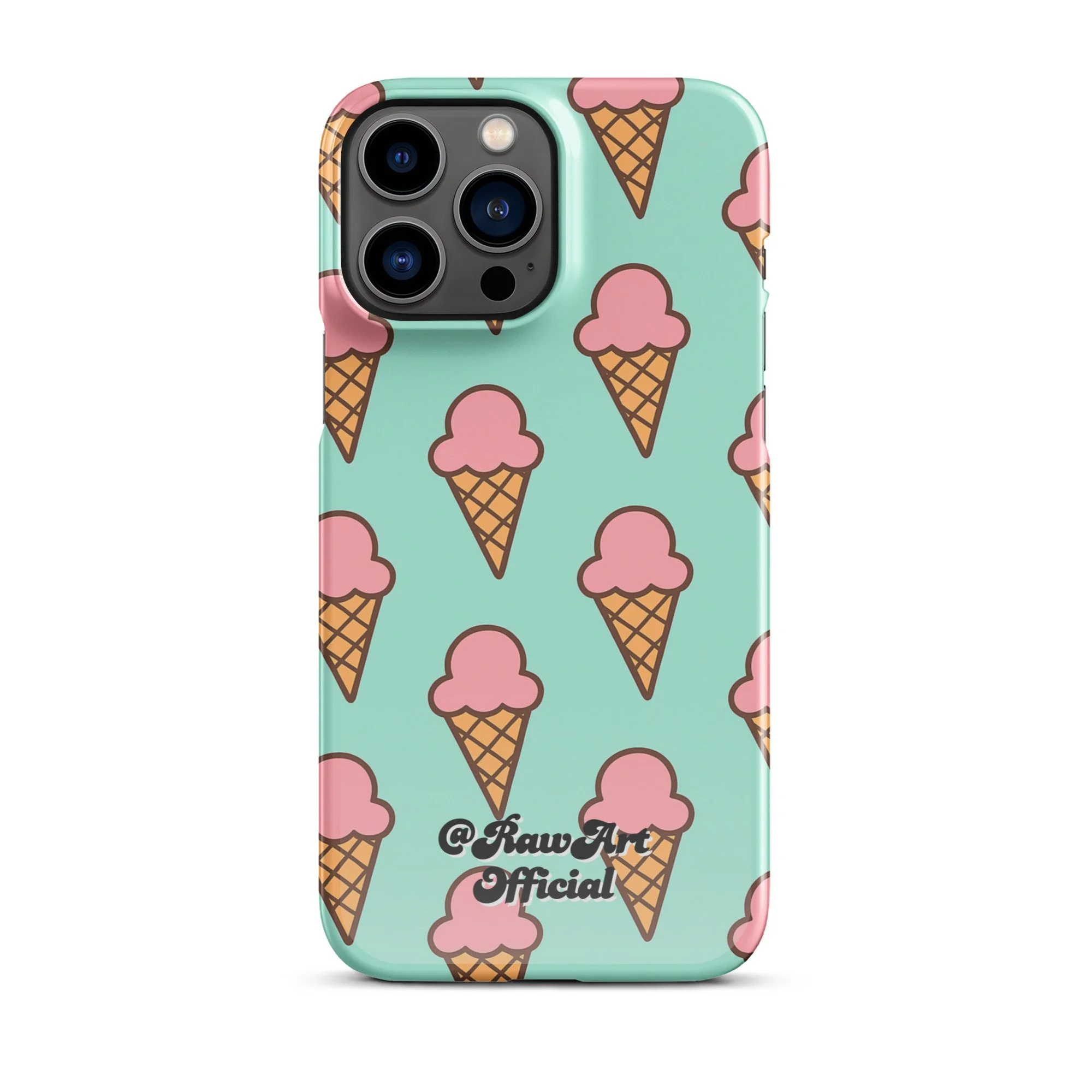 Mint green iPhone case with pink ice cream cone pattern, retro fun design.