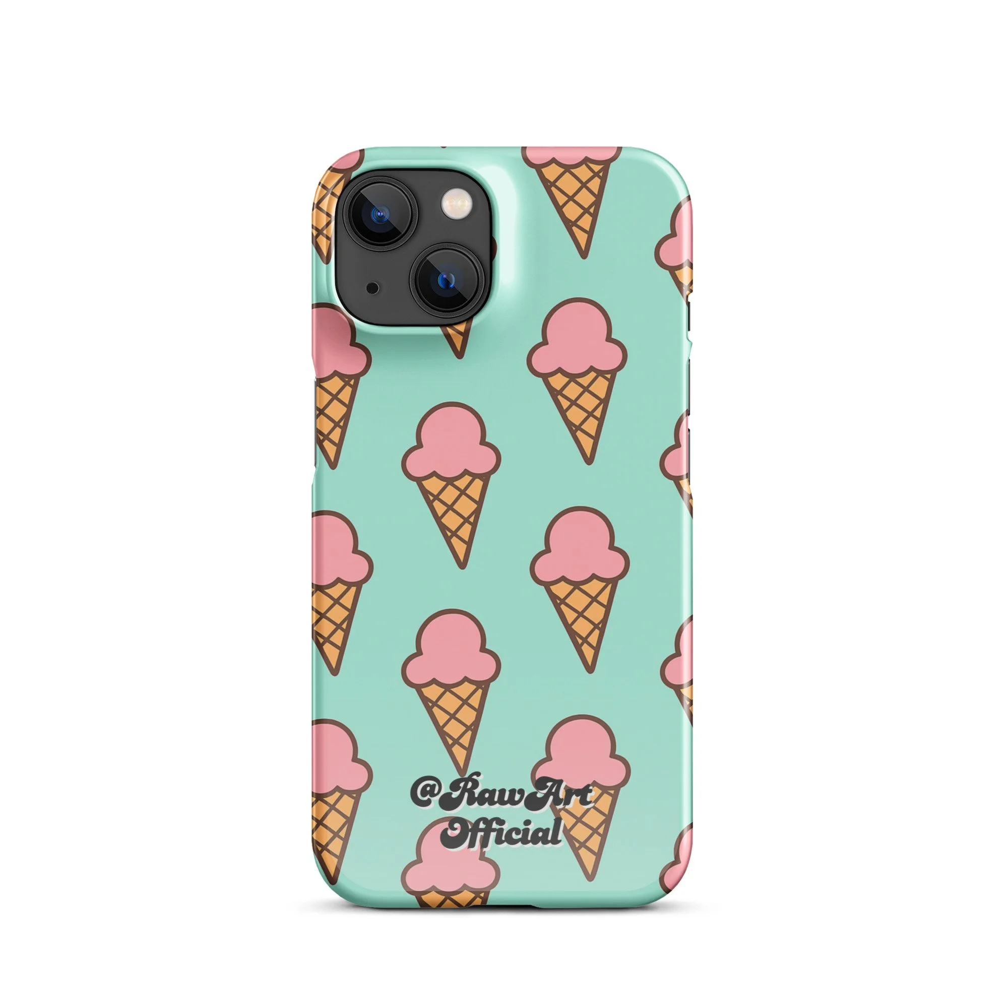 Mint green iPhone case with pink ice cream cone pattern, retro fun design.